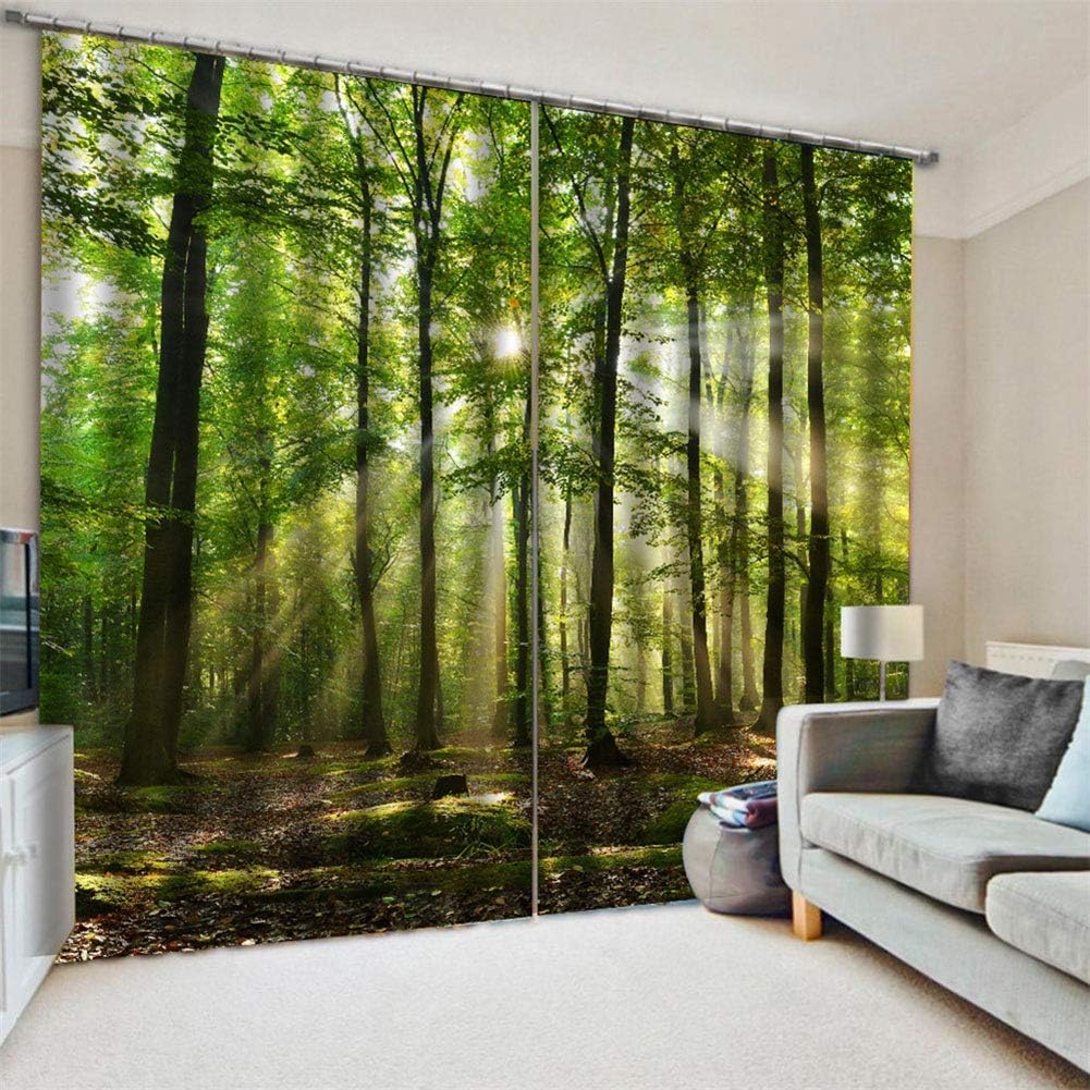 Zerodis Green Decorative Curtains, Forests Sunlight Printing Shading Curtains Blackout Curtains Decorative for Balcony Bedroom Drawing Room Window Decoration (59 * 65.3Inch)