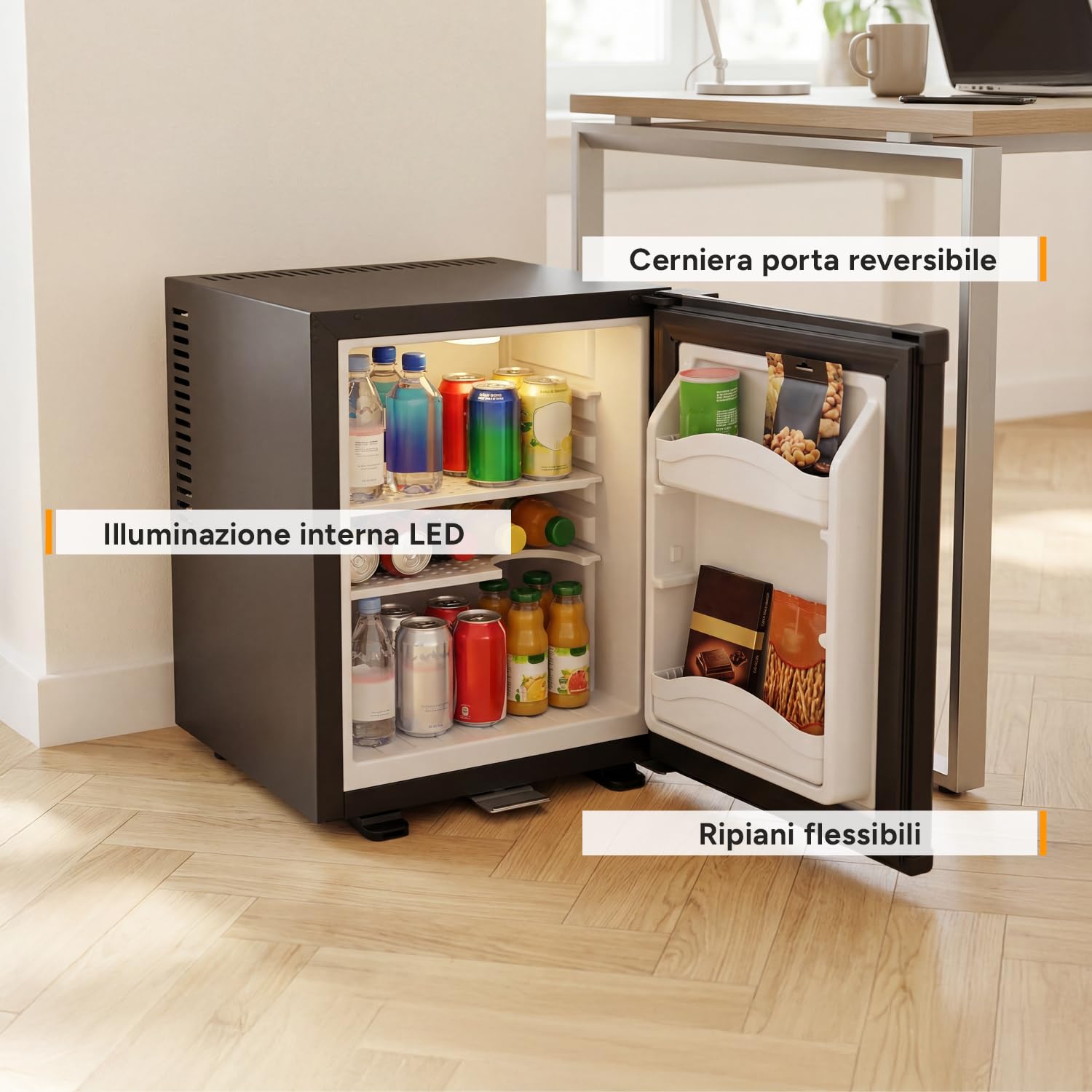 TZS First Austria - Mini Frigorifero 30L completamente silenzioso - Piccolo Minifrigo con porta reversibile e luce interna - Minibar per campeggio, ufficio, camera da letto e hotel - Nero opaco