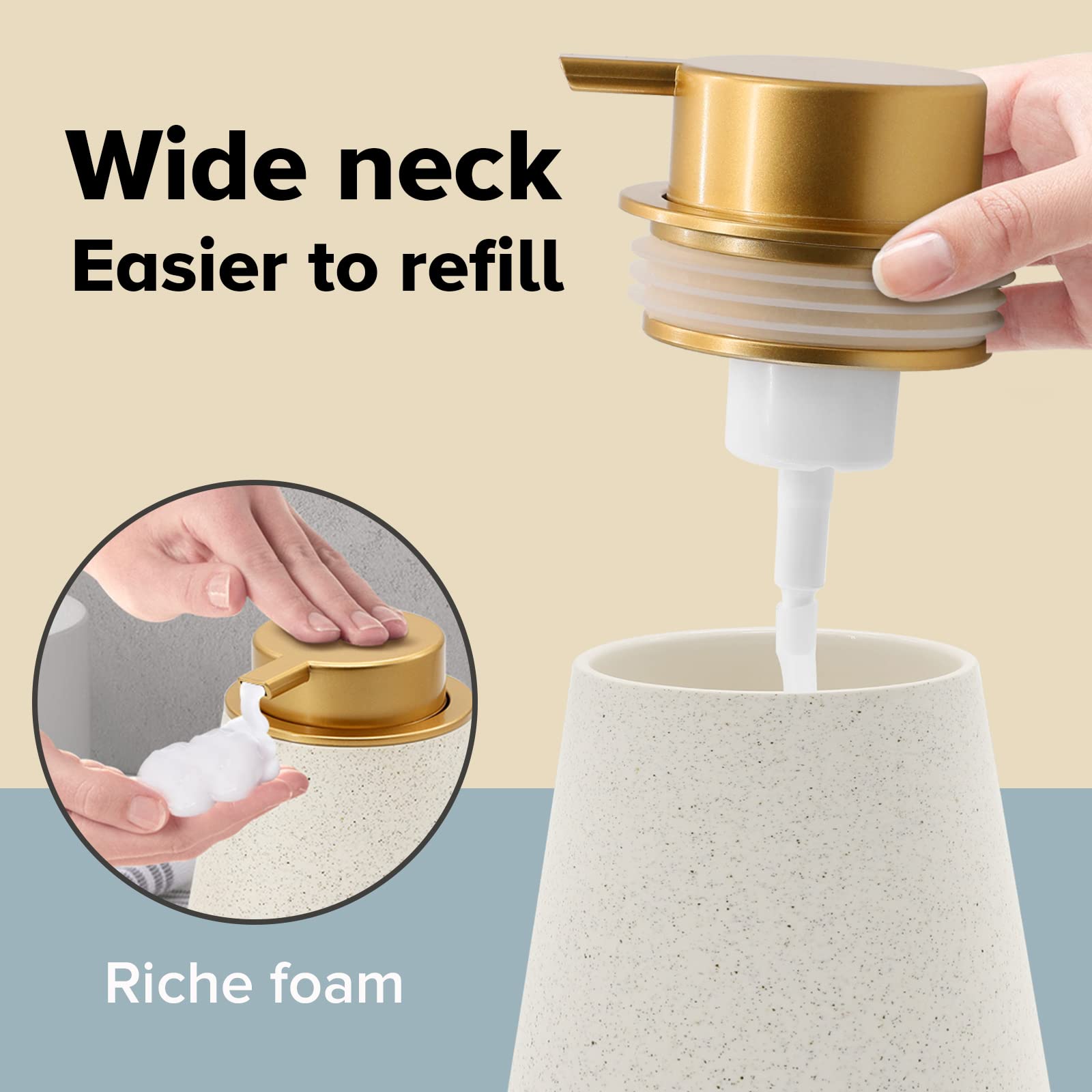 Fullycare Soap Dispenser, Ceramic Foaming Soap Dispenser - 12 oz Bathroom Hand Pump Dispenser Bottles Pump for Kitchen Bathroom(Gold Nozzle)