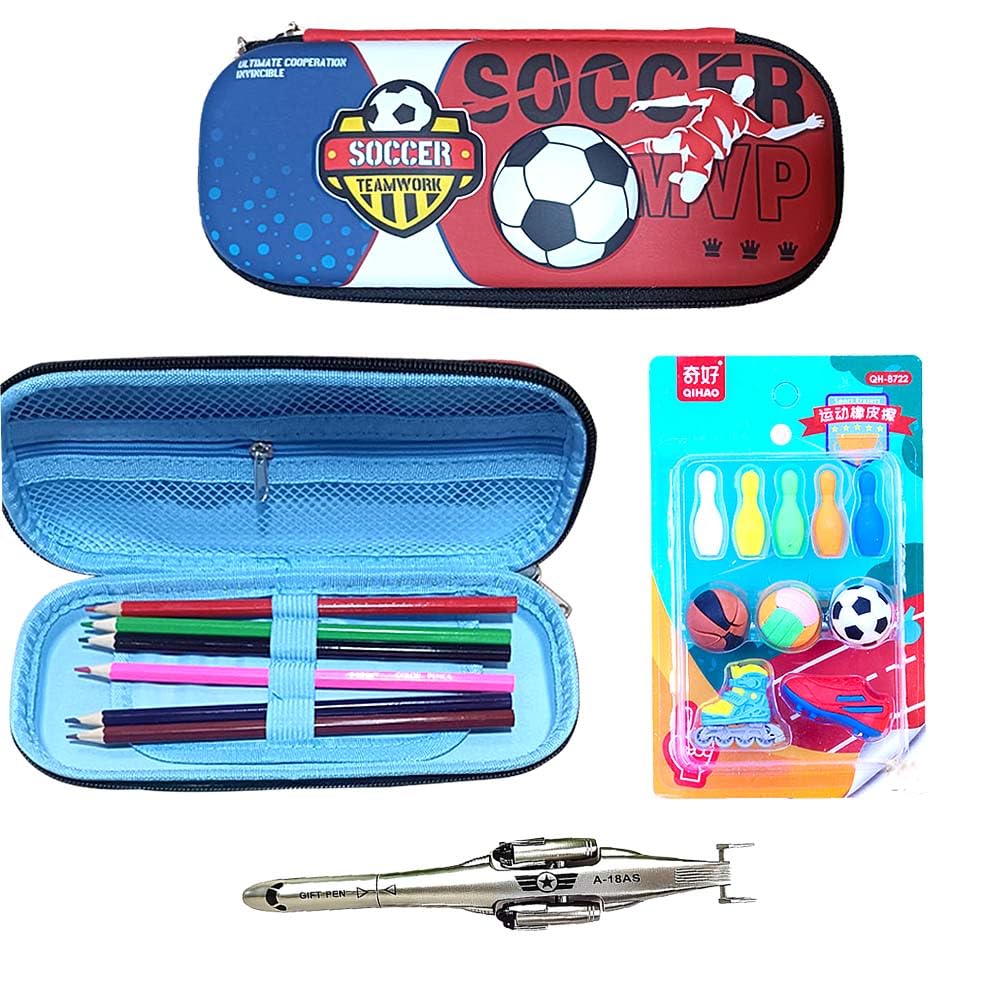 Little Surprise Box 4 PCS School Stationery Set for Boys | Silicone Hard Soccer Theme Kids Stationery Case for Boys & Eraser School Set | Airplane Shape Gel Pen and Color Pancil Set for Kids | Red (B0D9YJ3TG3) Amazon Price History, Amazon Price Tracker