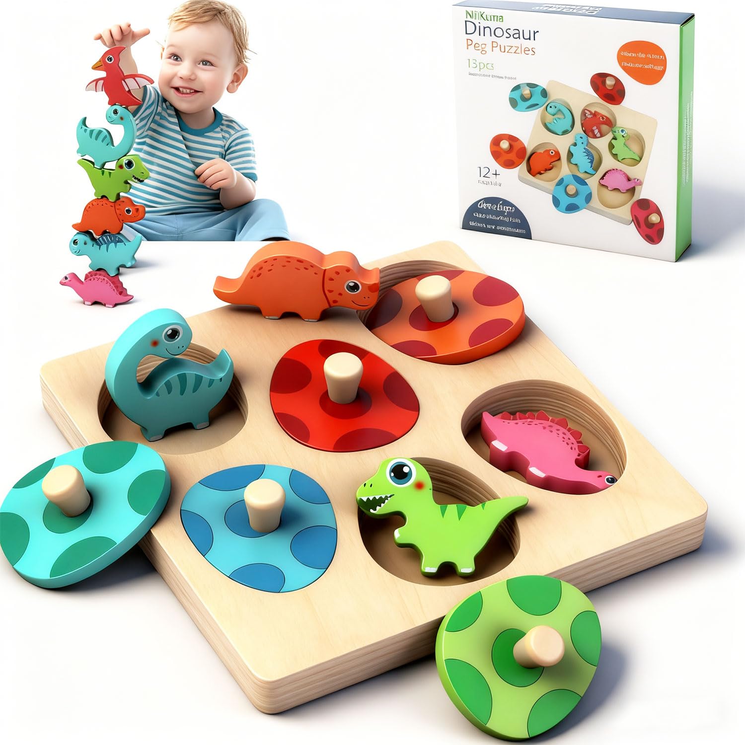 NijiKuma Wooden Puzzles for Toddlers 1-3,Infant Puzzle,Dinosaur Matching Egg Puzzle,Montessori Toys, Learning Color Sorting Shape Puzzles,Boy Girl