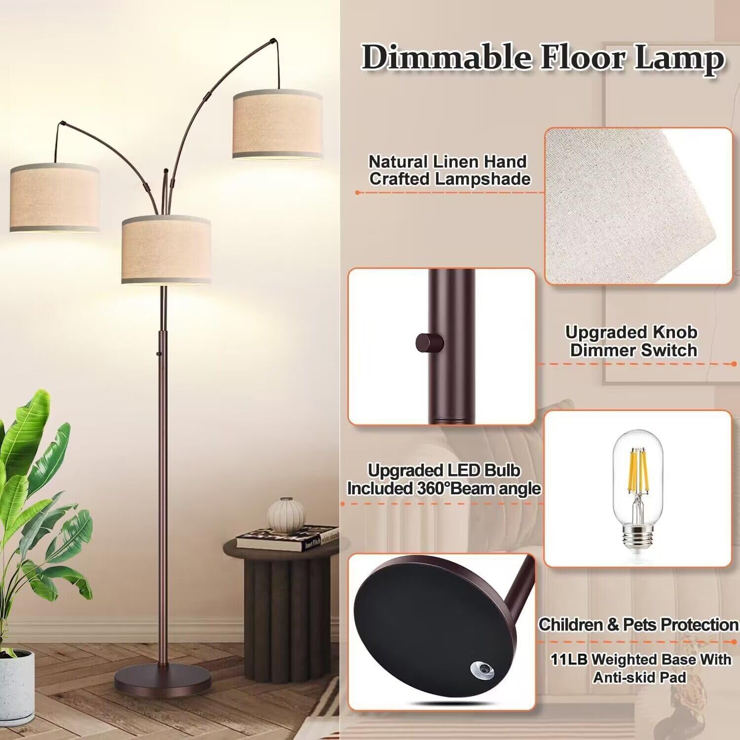 Dimmable Floor Lamp - 3 Lights Arc Floor Lamps for Living Room