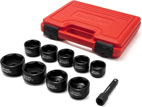 LLNDEI 10 Pieces 3/8" Drive Low Profile Oil Filter Socket Set, Oil Filter Cap Removal Tool kit, Metric(24mm-38mm) with 75mm Extension Bar, Cr-v Steel for Anti-Rust & Corrosion.