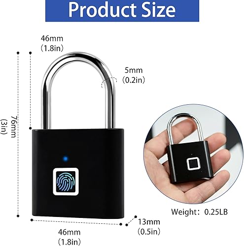Miniatura 8 de UMIKSMART - Candado de huellas dactilares, cerradura inteligente biométrica sin llave con batería recargable USB-C, candado de aleación de zinc para