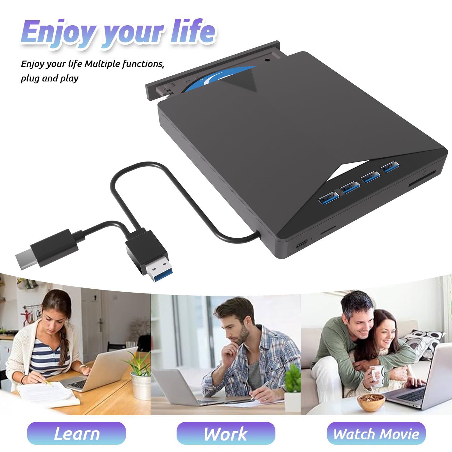7 en 1 Lecteur Blu-Ray Externe, 3D CD DVD Graveur Optical Bluray Drive USB 3.0 Type-C Lecteur blu Ray 4k,Portable Externe Lecteur Blu Ray Externe, pour PC Windows 11 10 8 7