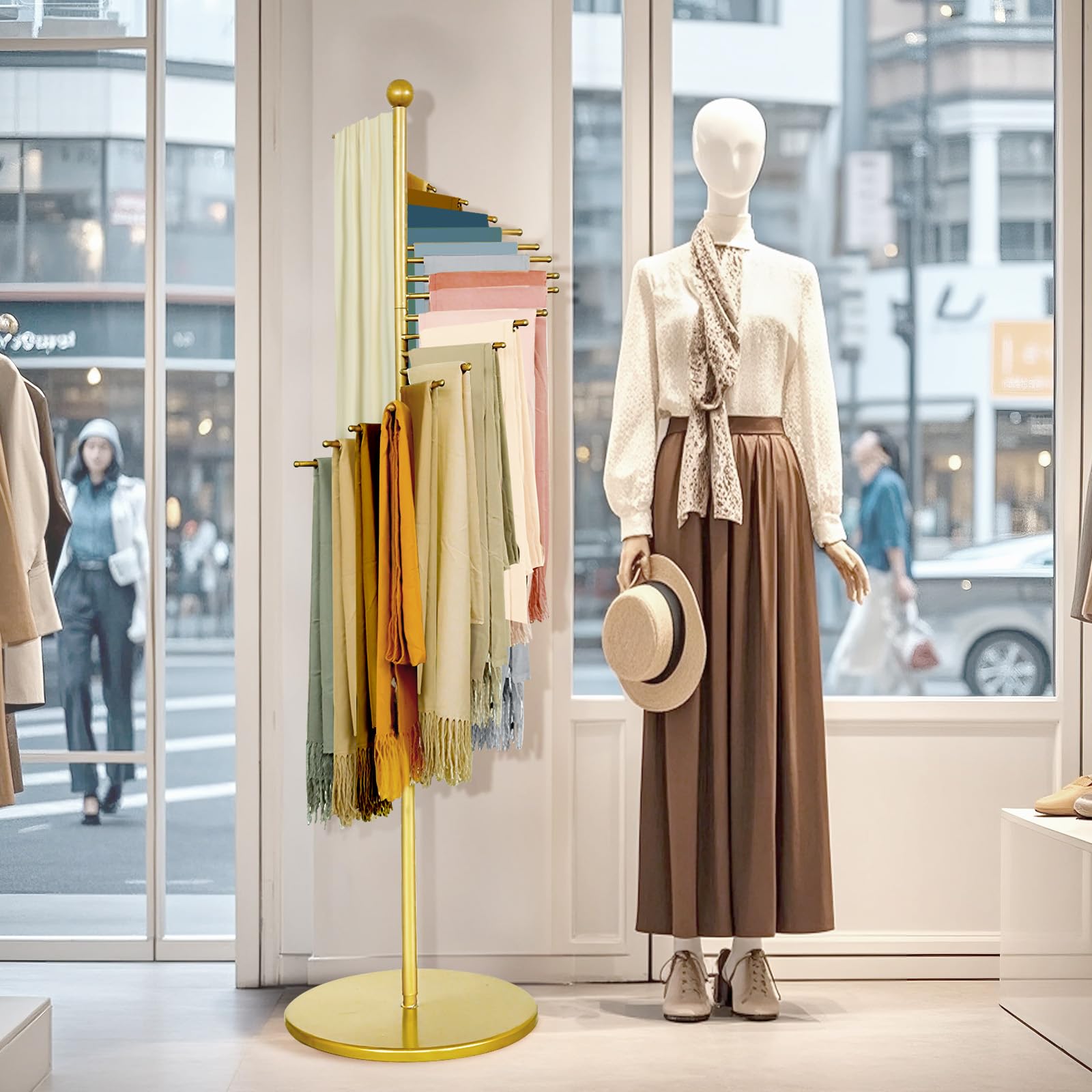 Porte-écharpes en métal, support d'écharpe en spirale autonome, hijab commercial, cintre de ceinture, pantalon, hauteur réglable de 140 à 170 cm, avec 22 tiges pour magasin de vêtements, maison