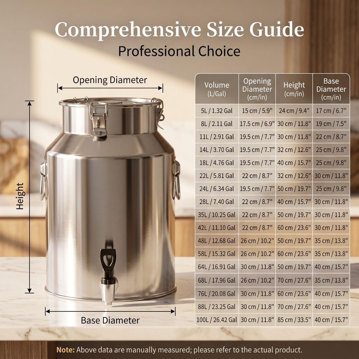 Contenitore per Latte in Acciaio Inox, Bidone Alimentare con Rubinetto | Tanica Ermetica Antiperdita per Olio Vino Acqua, Lattina con Coperchio per Cucina Fattoria Bar(No Spigot,64L/16.91Gal)