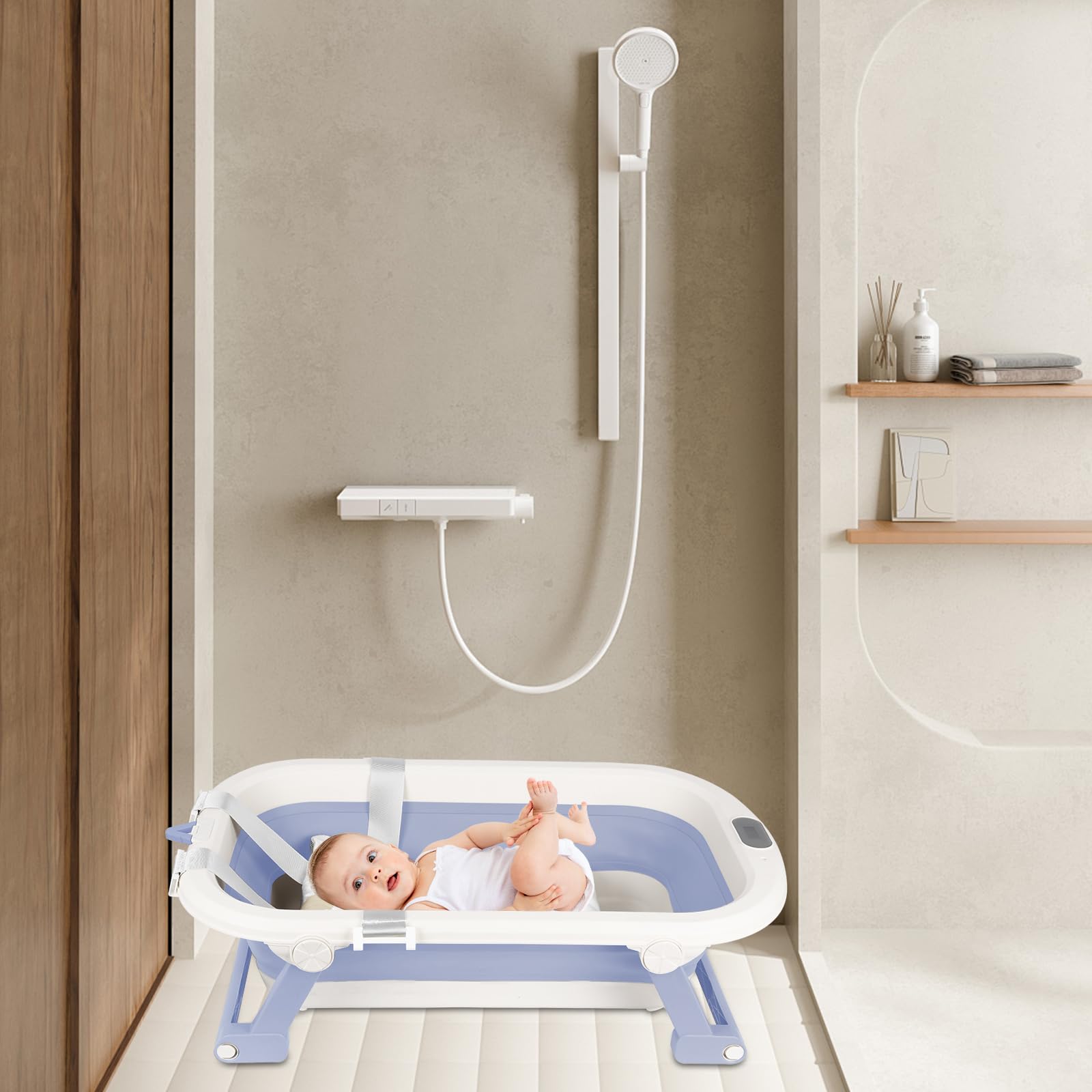 Bañera plegable para bebé con cojín antideslizante, termómetro incorporado, diseño portátil para el hogar y los viajes, XXL Benoire para bebé de baño, fácil de limpiar (azul, 80 x 50 x 22 cm)