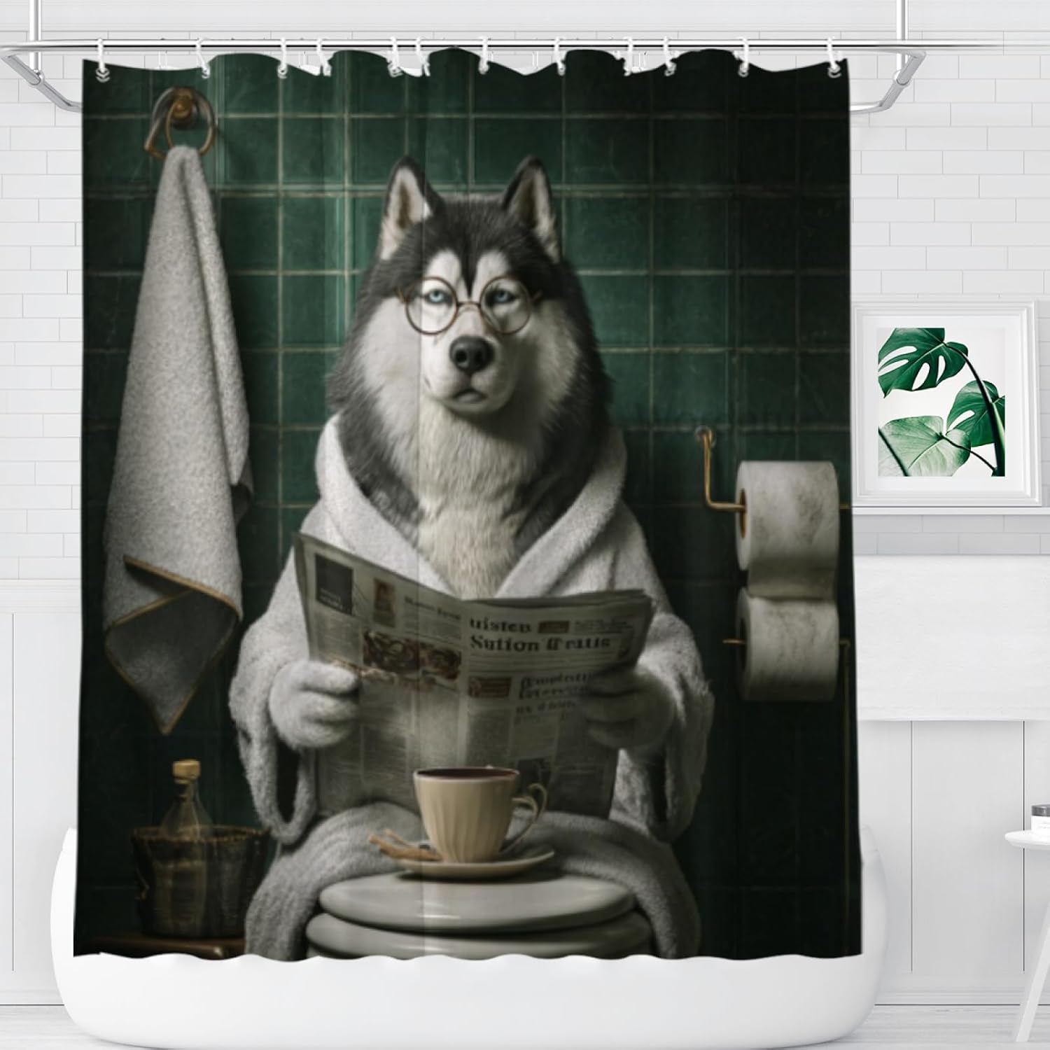 Funny Husky Bathroom Curtain, Cute Dogs Reading Newspaper on Toilet, Washable Cloth Kids Shower Curtain Set 72X72 Inches with 12 Hooks