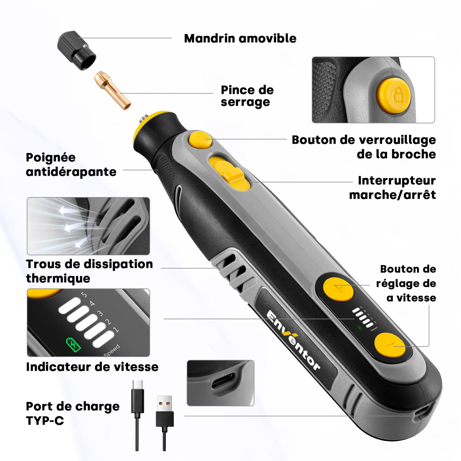 Enventor 8V Outil Rotatifs Multifonction Sans Fil, Mini Perceuse Sans Fil, 2 000 mAh, 5-Vitesses, 30 000 RPM Max, 125 Accessoires pour Sculpture, PonçAge, Polissage, DéCoupe, PerçAge