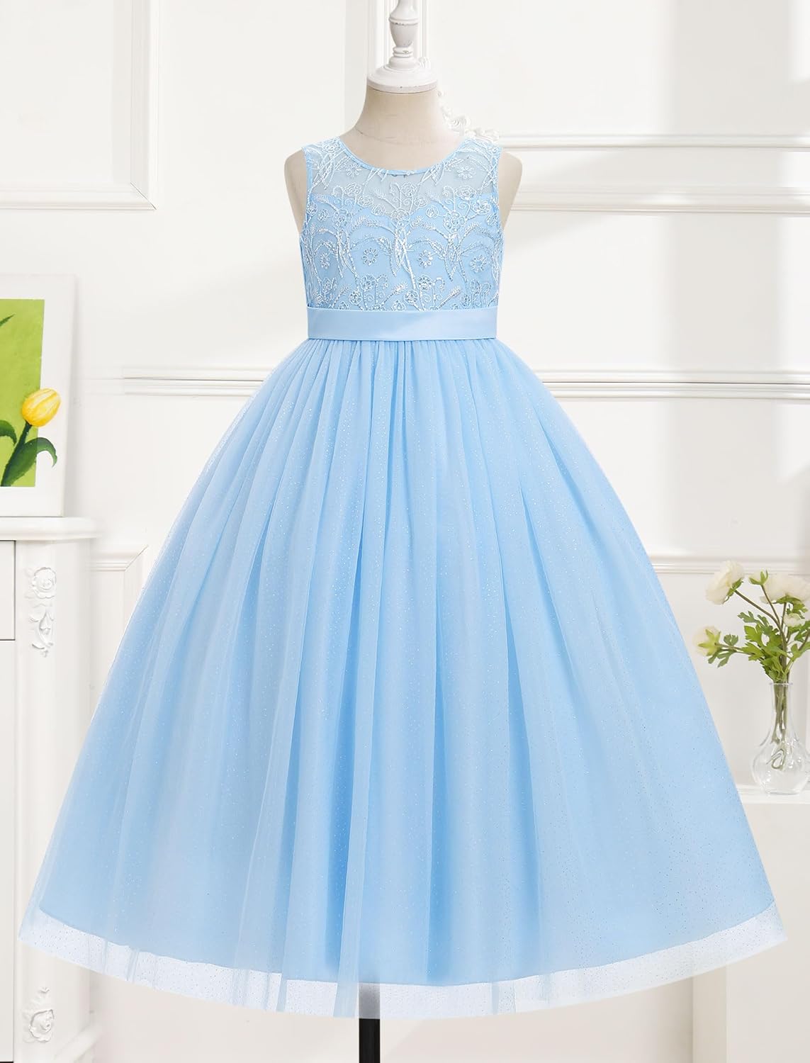 IBTOM CASTLE Flower Girl Sequin Floral Long Tulle Dress Little Girls Formal Birthday Tea Party Wedding Pageant Ball Prom Gown - Image 2