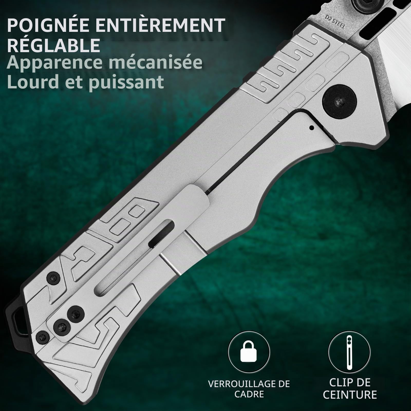 LOTHAR LORD Couteau Pliant, D2 Acier Couteau à une Main Avec Clip de Ceinture, 420 Manche en Acier, Grand Couteau en Plein air, Convient Pour la Collecte