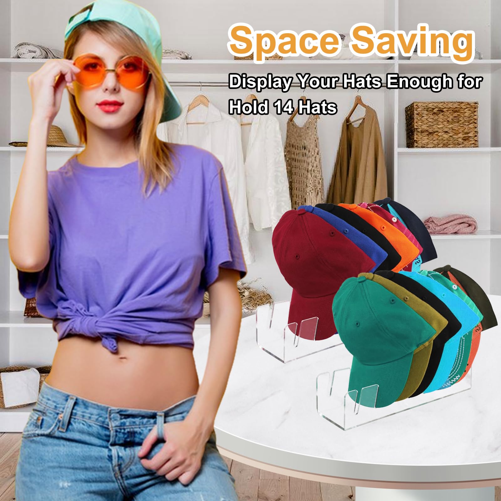 Set da 2 Porta Cappelli in Acrilico Trasparente, Organizzatore per 14 Cappellini, Appendi Cappelli Autoportante Senza Installazione, Soluzione Salvaspazio per Ripiani e Tavoli