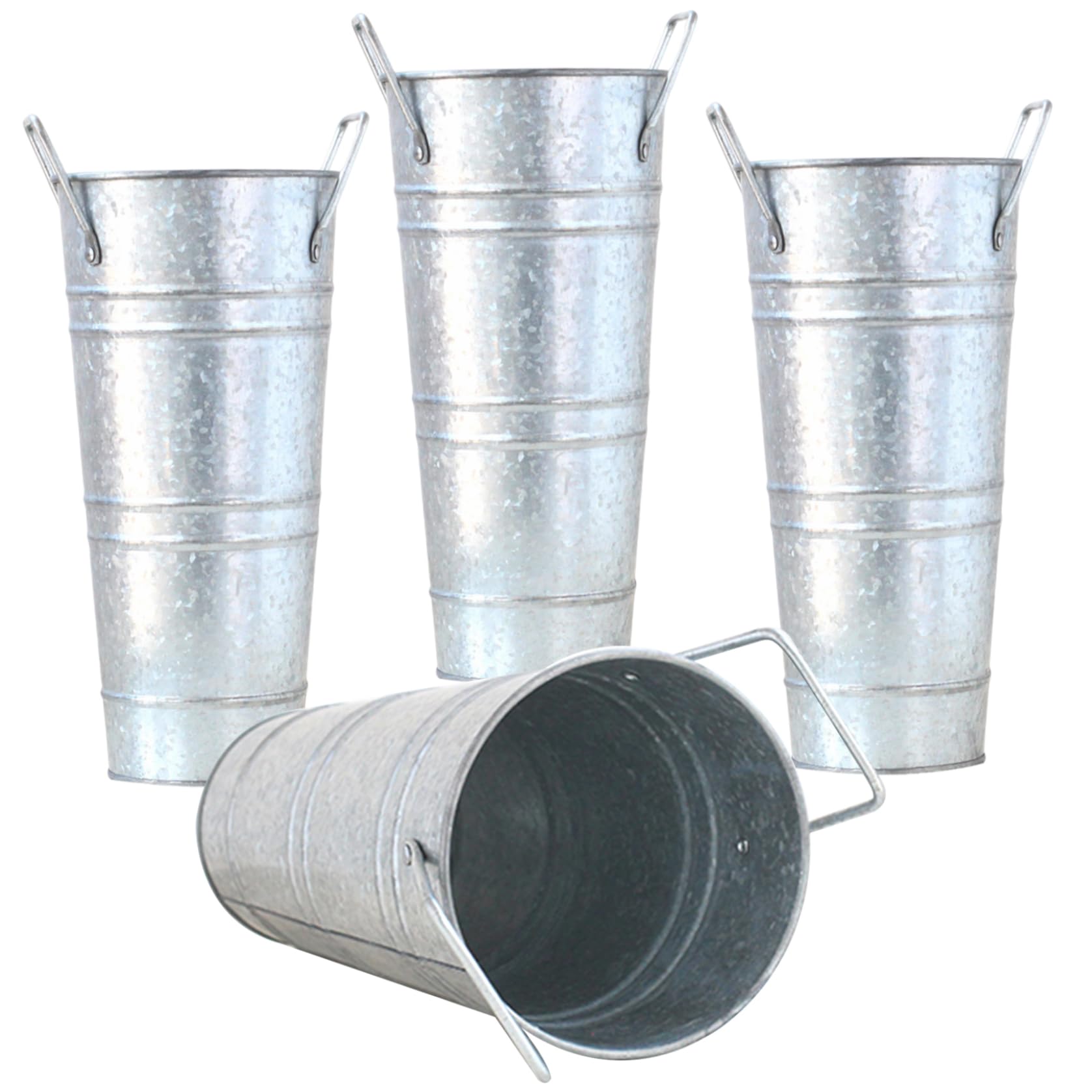 CAKEEYUM Galvanized Vases 4Pcs Galvanized Bucket with Handles 9 Inch Tall Metal Flower Vases for Flower Arrangement, Table Centerpiece, Wedding Decorations Silver Vase Buckets Metal Vase