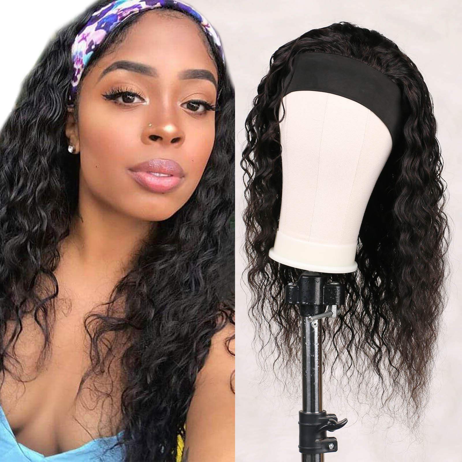 Headband Wigs Human Hair for Black Women Water Wave Human Hair Wig 20 inch Glueless wig with headband attached Curly None Lace Front Wigs 9A Brazilian Remy Hair
