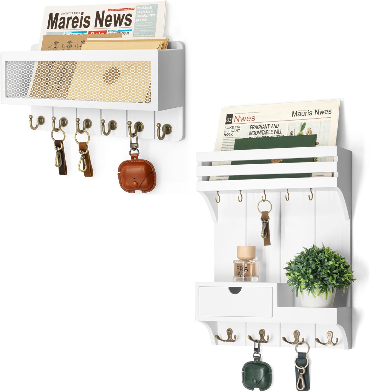 Rebee Vision Stylish Mail Organizer Wall Mounted Set – 12-inch Key Holder Wall Mount with Mini Drawer Organizer & 13-inch Mail Holder with Mesh Basket – Ideal for Home Decor (White)