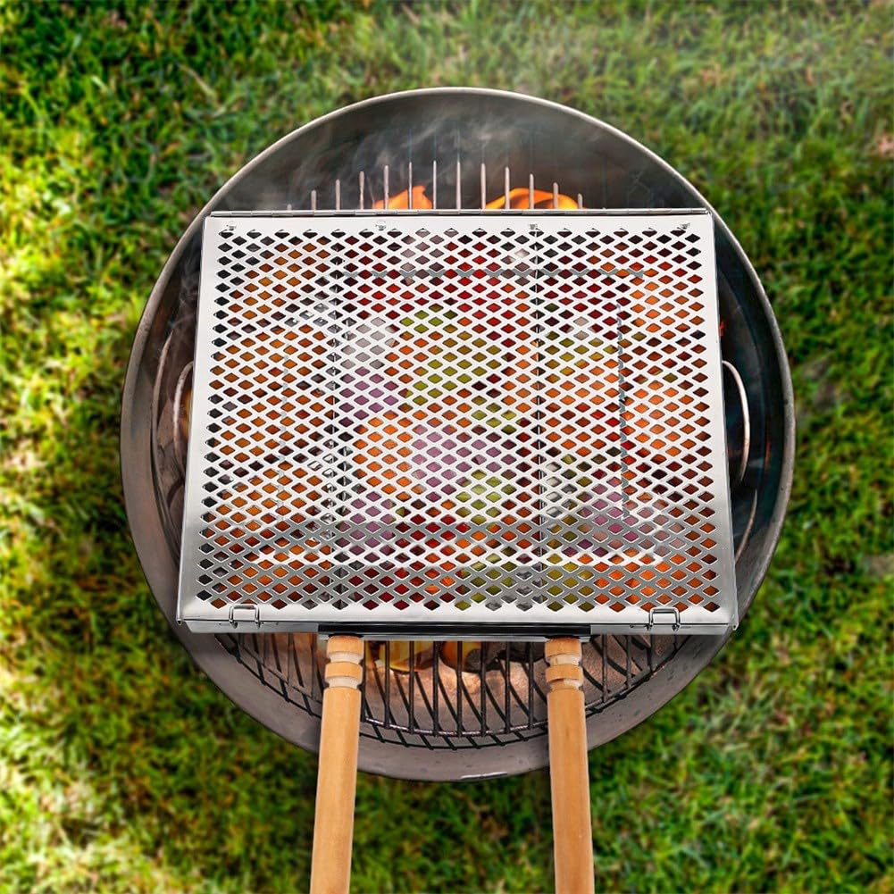 Griglia in acciaio inox con manico rimovibile in legno resistente al calore per pollo, pesce, verdure, 30,5 x 25,5 x 4 cm