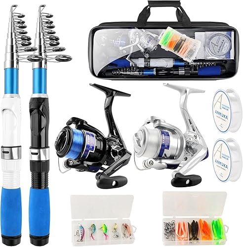Juego de caña de pescar plegable, 6.9 ft6.89 pies con 2 carretes giratorios, 2 juegos de señuelos, línea de 328.1 ft, bolsa de transporte - agua