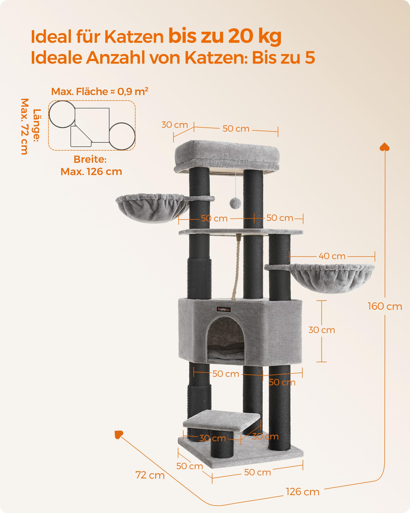 Feandrea Kratzbaum, mit warmen Decken, für große Katze, Katzenbaum, 2 Katzenbürsten, 11,1 cm d Dicke Stämme, große Plattformen, Höhle, 50 x 50 x 160 cm, Taubengrau-schwarz PCT003W01