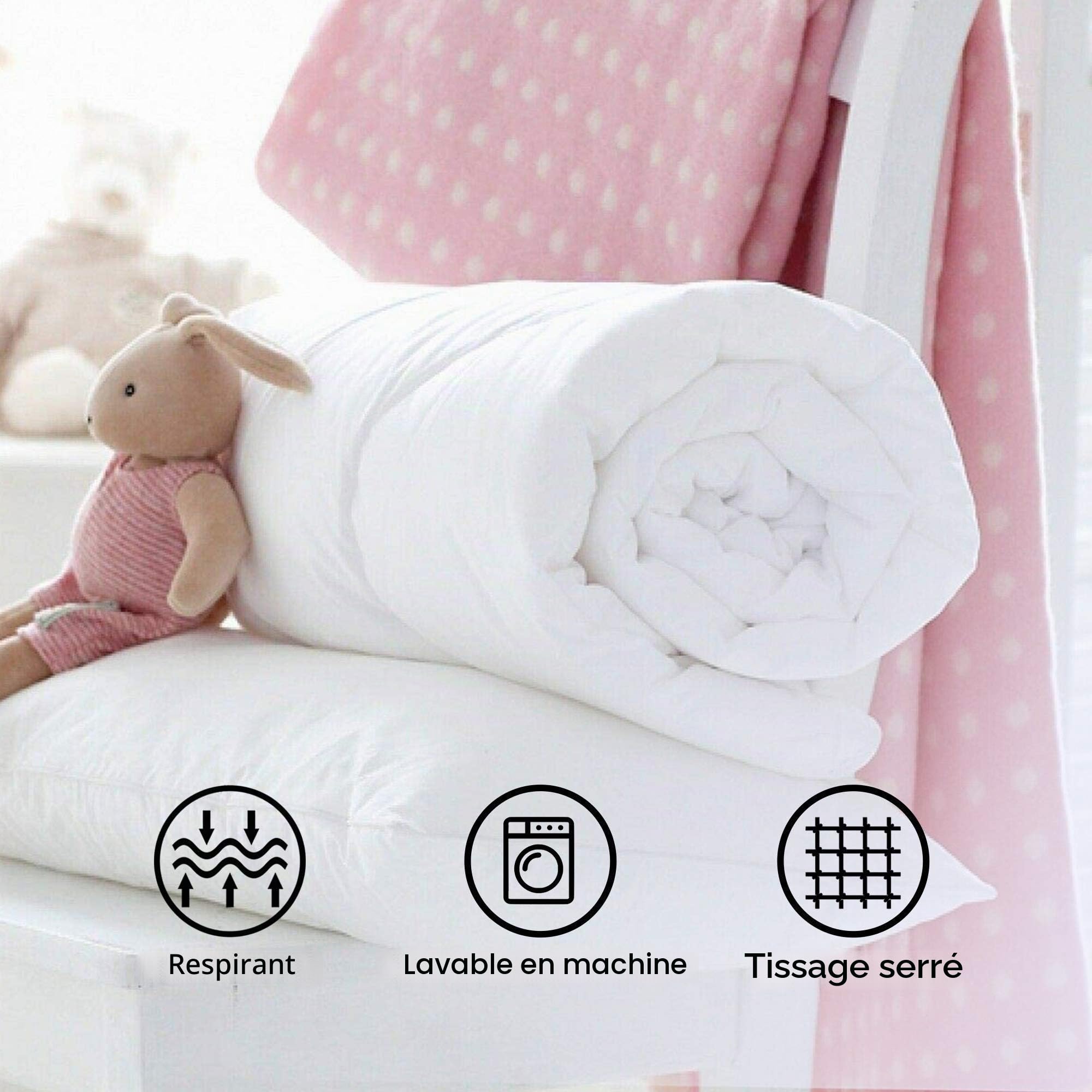Parure de lit pour bébé avec housse de couette et taie d'oreiller hypoallergénique 4,5 tog ultra respirante (120 x 150 cm) Blanc