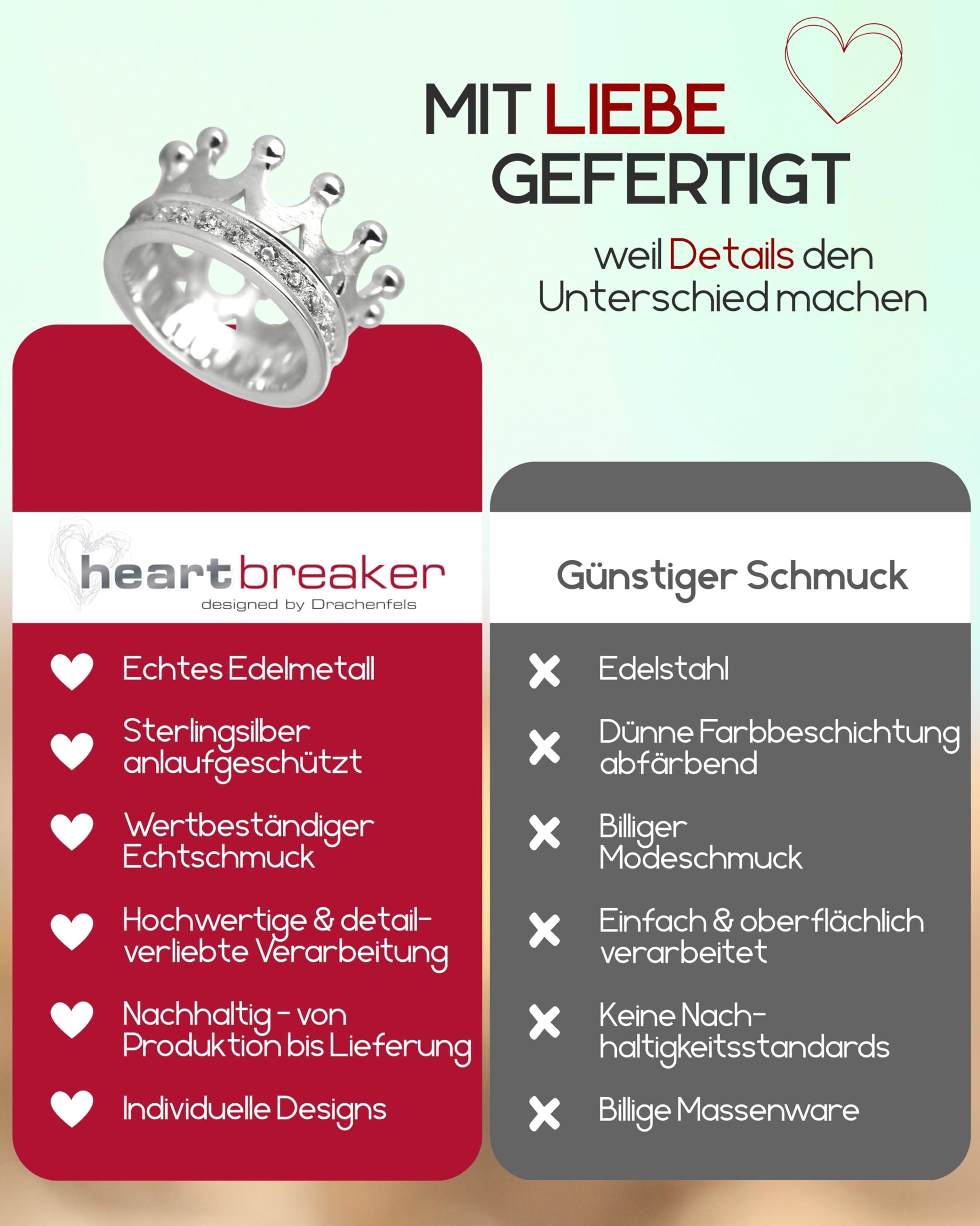 Heartbreaker "Crown of my Heart" Ring Krone I Größen 52–60 I Edler Zirkonia-Ring aus 925 Sterling Silber I Nickelfreier Damen-Ring inkl. Verpackung I In Goldschmiedequalität gefertigt