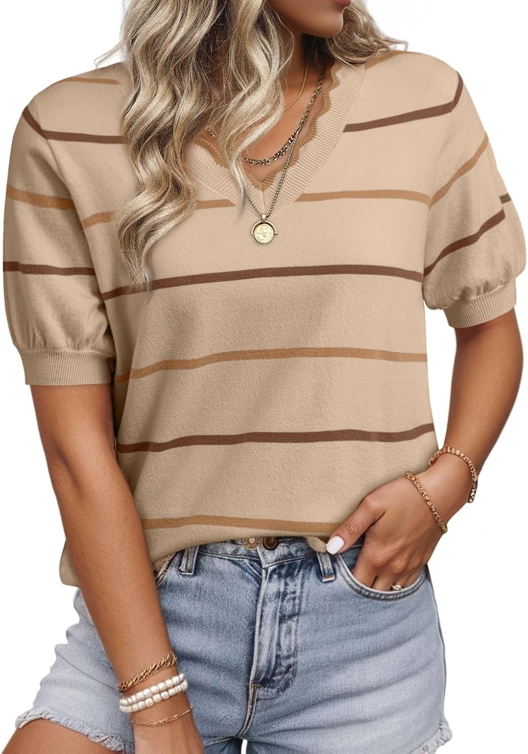 Dokotoo Womens Summer Short Sleeve Knit Tops 2026 Spring Trendy Casual V Neck Striped Sweater Blouses