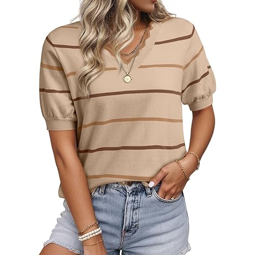 Dokotoo Womens Summer Short Sleeve Knit Tops 2026 Spring Trendy Casual V Neck Striped Sweater Blouses