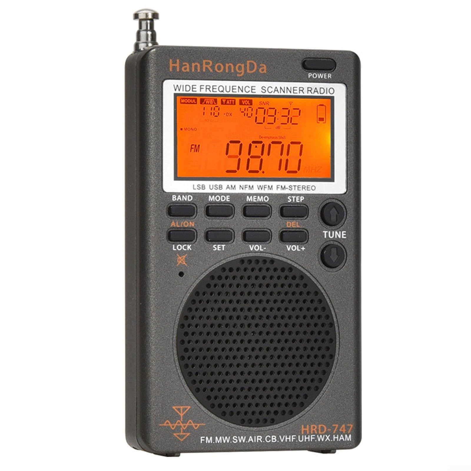HRD-747 SSB Radio de onda corta FM estéreo con reloj y antena de cable de 10 pies Banda AM sintonización digital Receptor de radio portátil Tecnología de carga USB 1000 Frecuencias de radio Memoria