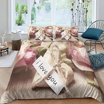 California King Duvet Cover Pink Roses Comforter Covers 3D Printed Romantic Pattern Duvet Cover Set Adults Women Men Bedding Set, Soft Quilt Covers 104"x98" with Zipper Ties 3 Pcs a/1475