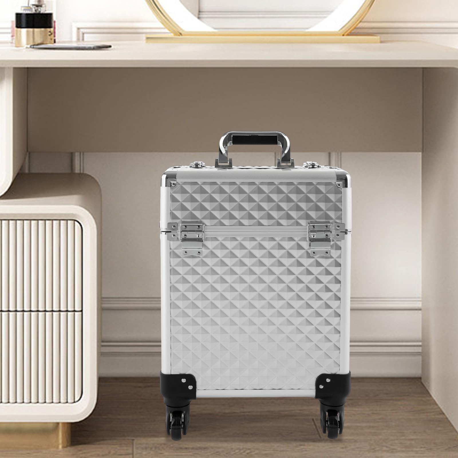 Kosmetikkoffer Groß, Professioneller Schminkkoffer, Multifunktionaler Trolley - Aufbewahrungskoffer Kosmetikkoffer, Beauty Koffer mit 360° Drehbaren Rollen, 34 * 24 * 41cm (Silber)