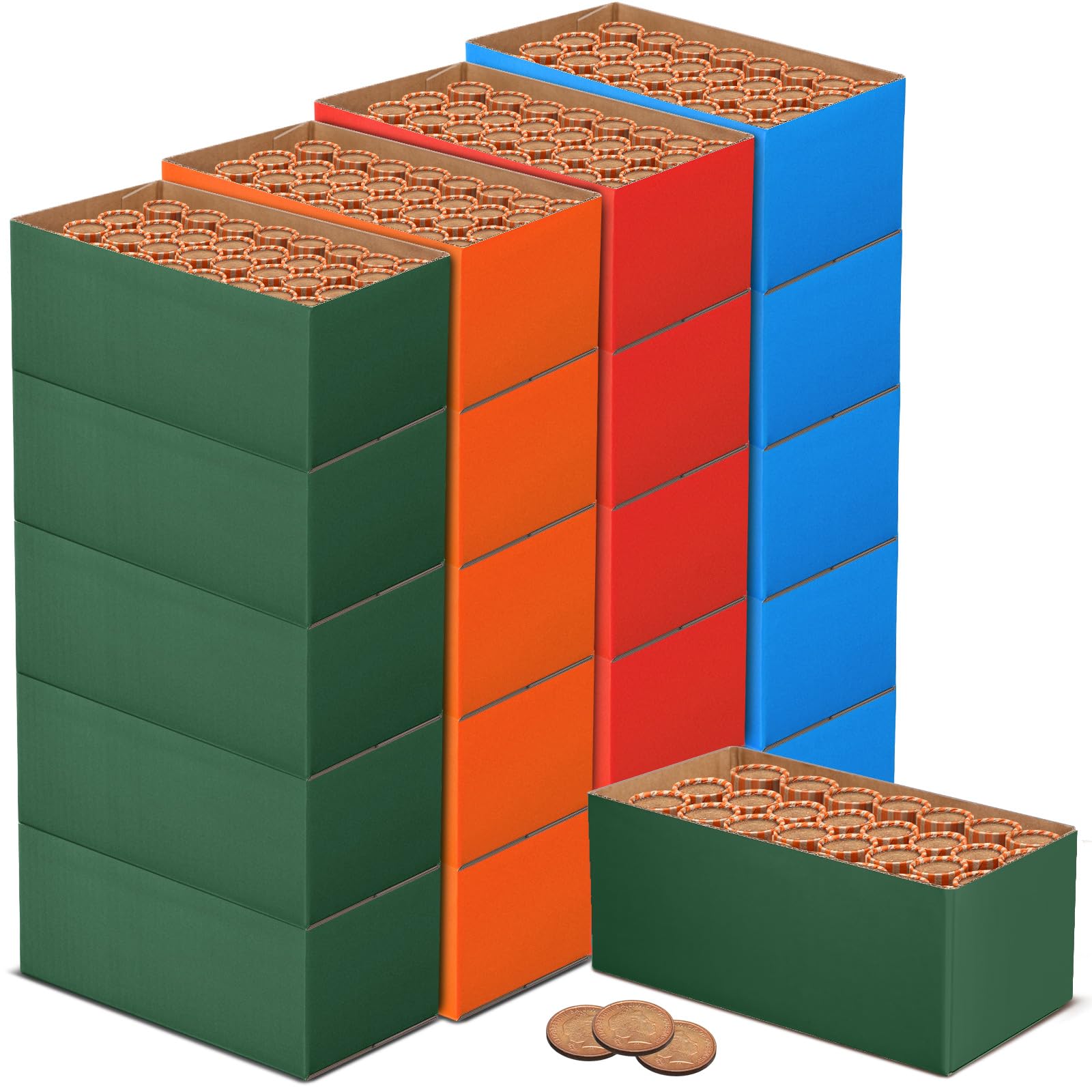 Feifeiya 20 Pcs Coin Trays for Rolled Coins High Capacity Sorting Tray Corrugated Paper Box for Penny, Nickel, Dime, Quarter Stackable Sorter Tray