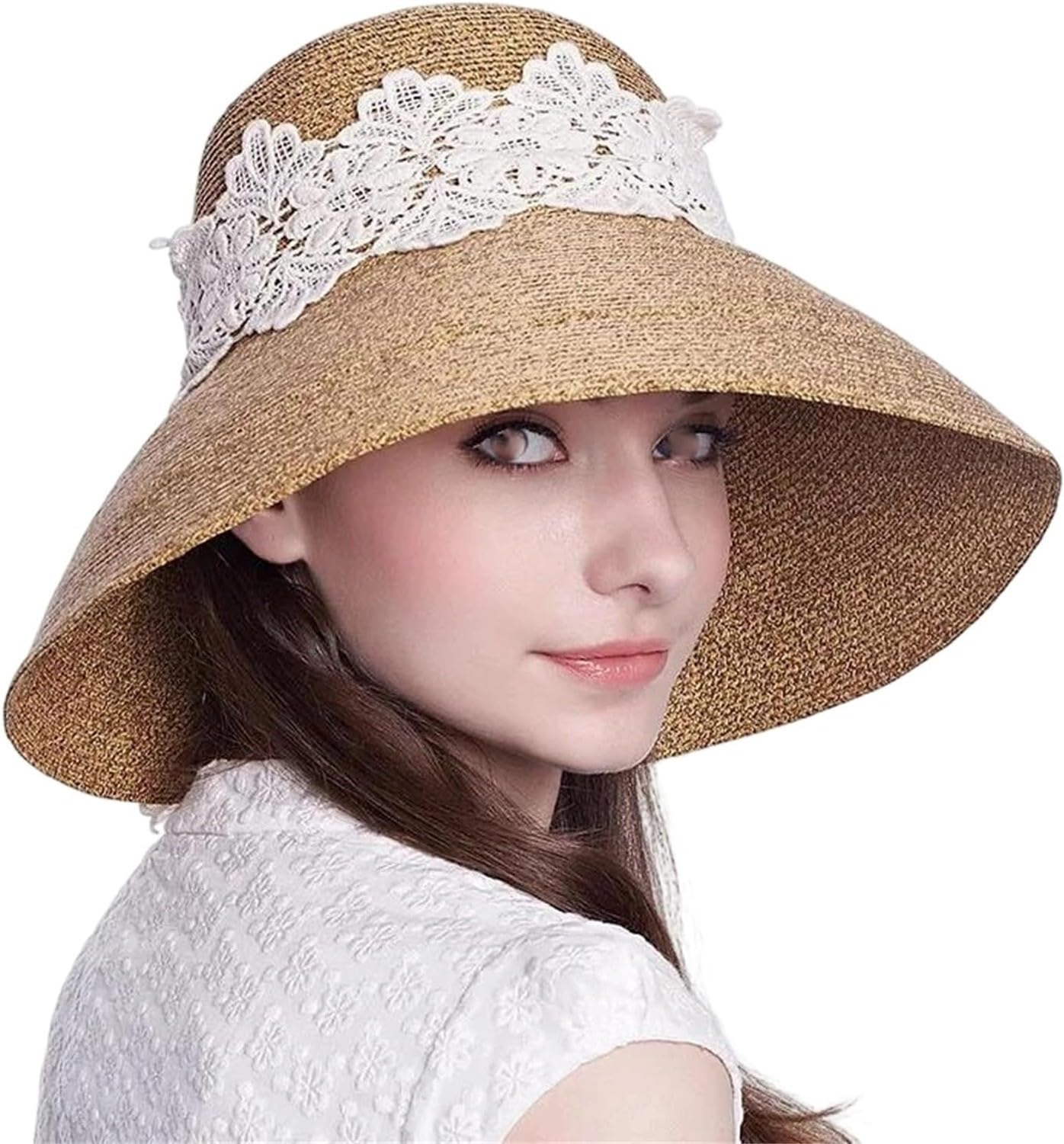 DAEFAG Adjustable Wide Brim Straw Hat, Foldable Screen Visor for Travel Gardening and Summer Sun Hat, Khaki