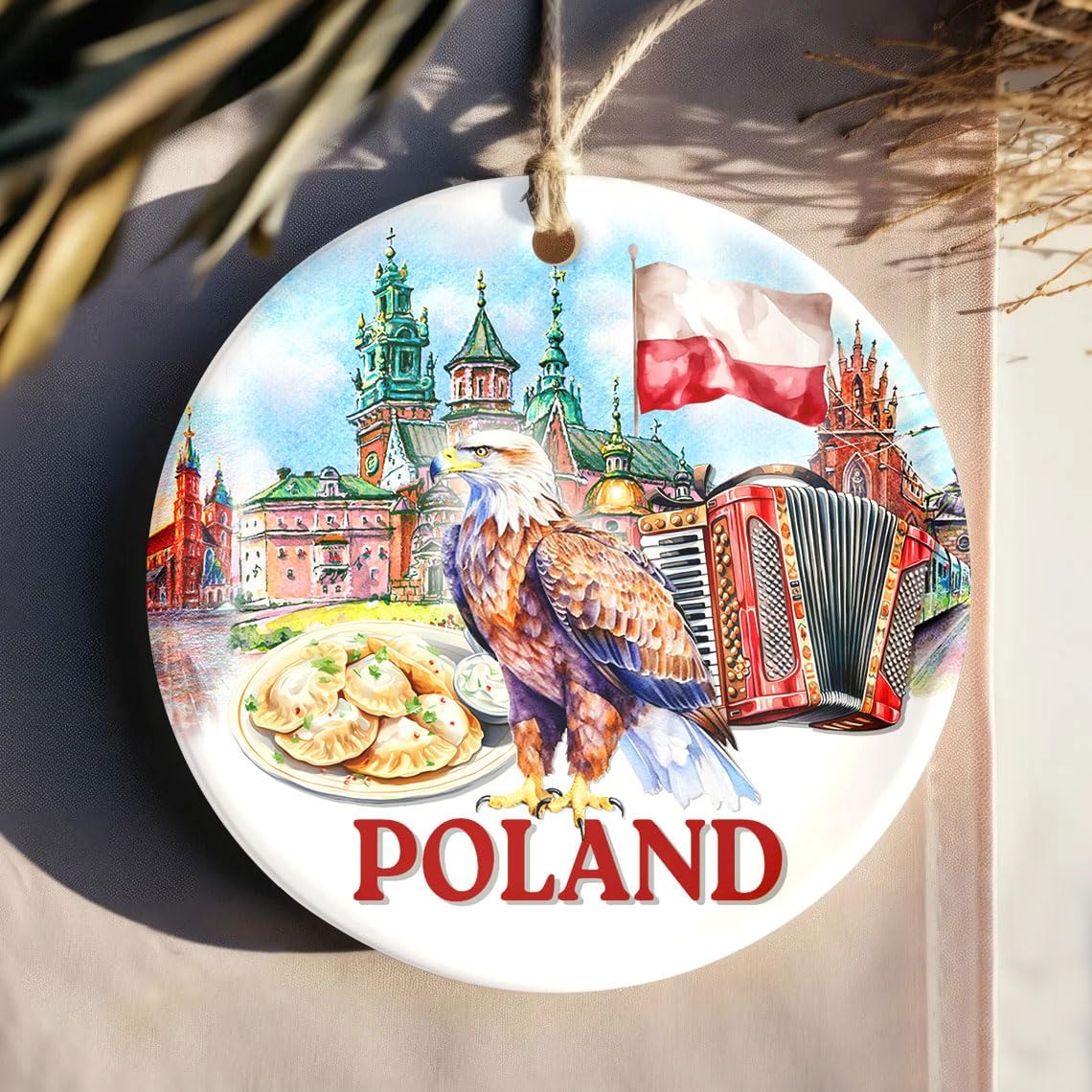 Poland Country Ceramic Ornament - Polish Flag Festive Decor - Round Ceramic Keepsake - Holiday Travel Souvenir Ornament - Polish Eagle, Pierogi, Wawel Castle & Accordion - Image 8