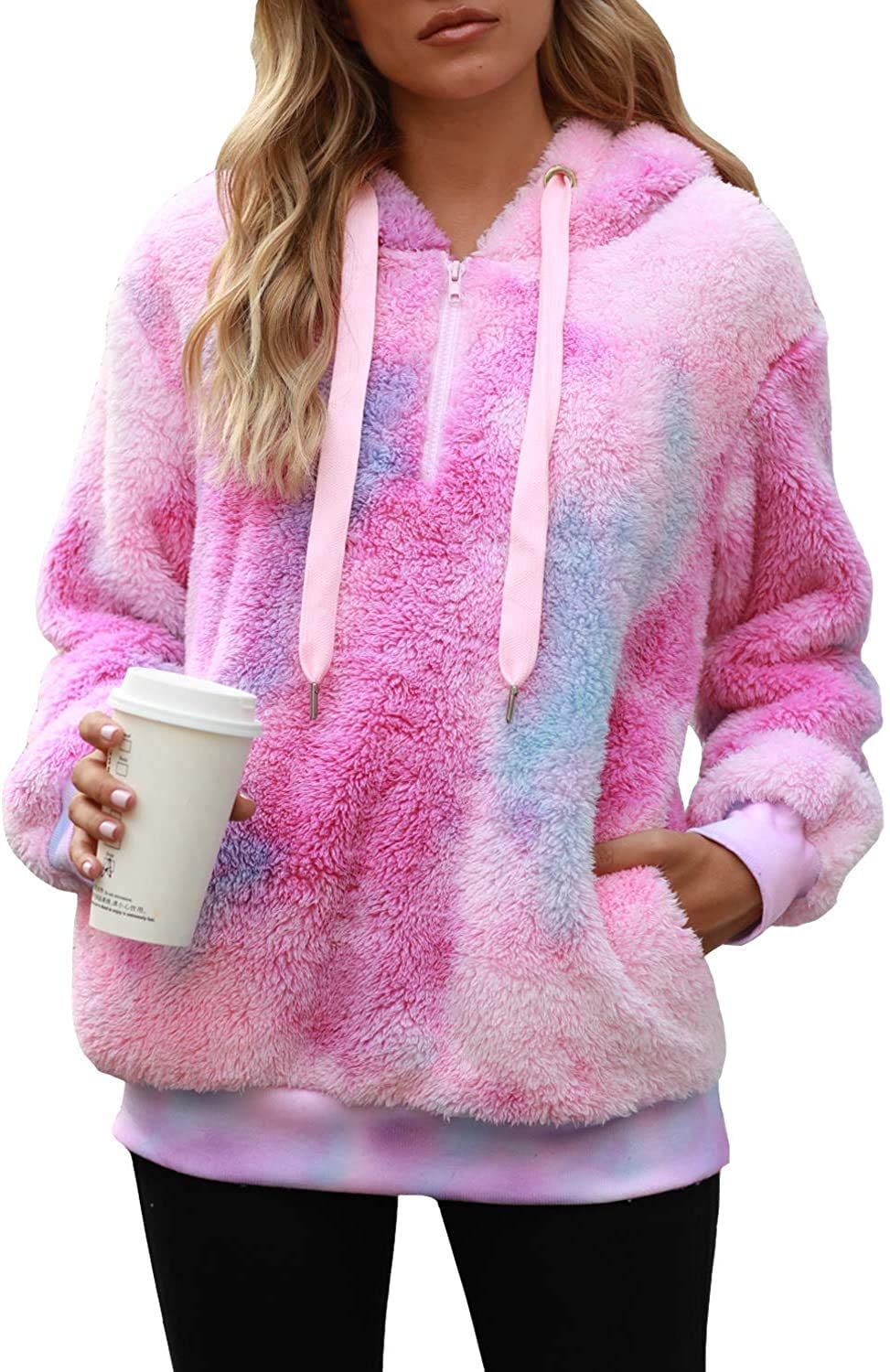 Yanekop Felpa da donna in pile con cappuccio e tasche - rosa - XXX-Large