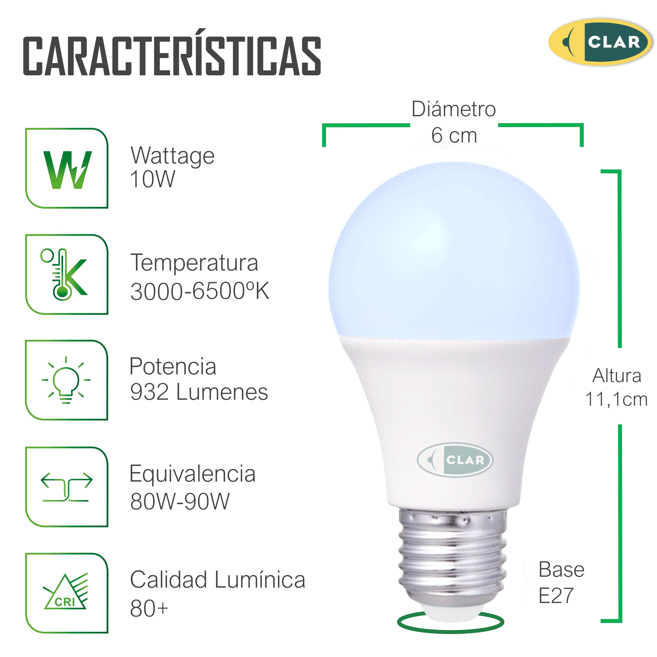 CLAR - Bombillas LED E27 10W 6500K, Luz Fría, Bombilla LED Blanco Frío (Pack 10)