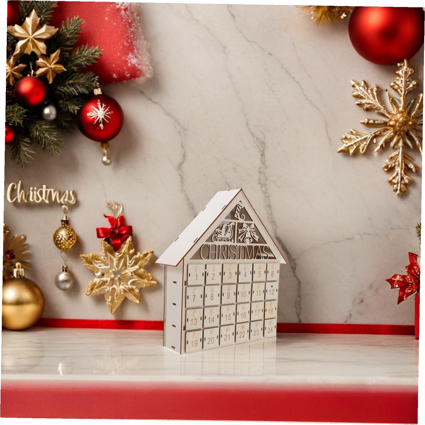 Calendario Avvento Natalizio in Legno con LED Casa Luminescente Giorni con Cassetti Ricaricabili Decorazione Natalizia Interattiva per Famiglie Conto alla Rovescia