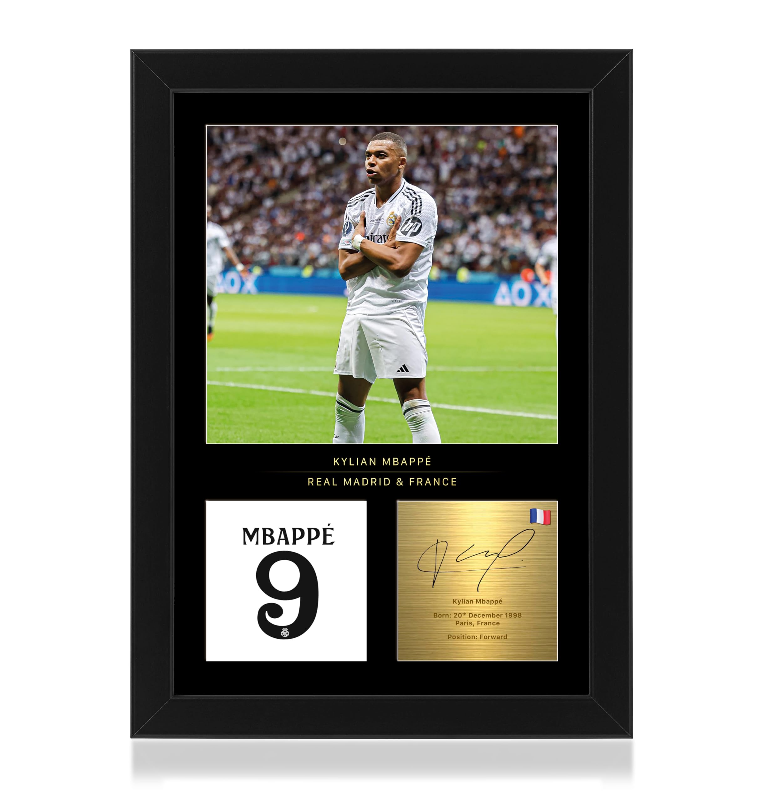 Win FC Kylian Mbappe A4 Framed Photo Display - Reproduced Digital Signature - Gift For Real Madrid Fans