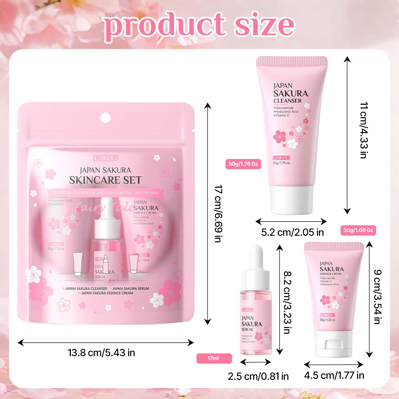 Sakura Ensemble de Soins de la Peau, Trousse de voyage avec Crème Nettoyante, Toner, Sérum, Set de Soins Hydratants, Coffret Cadeau de Soins de la Peau pour Adolescentes et Femmes