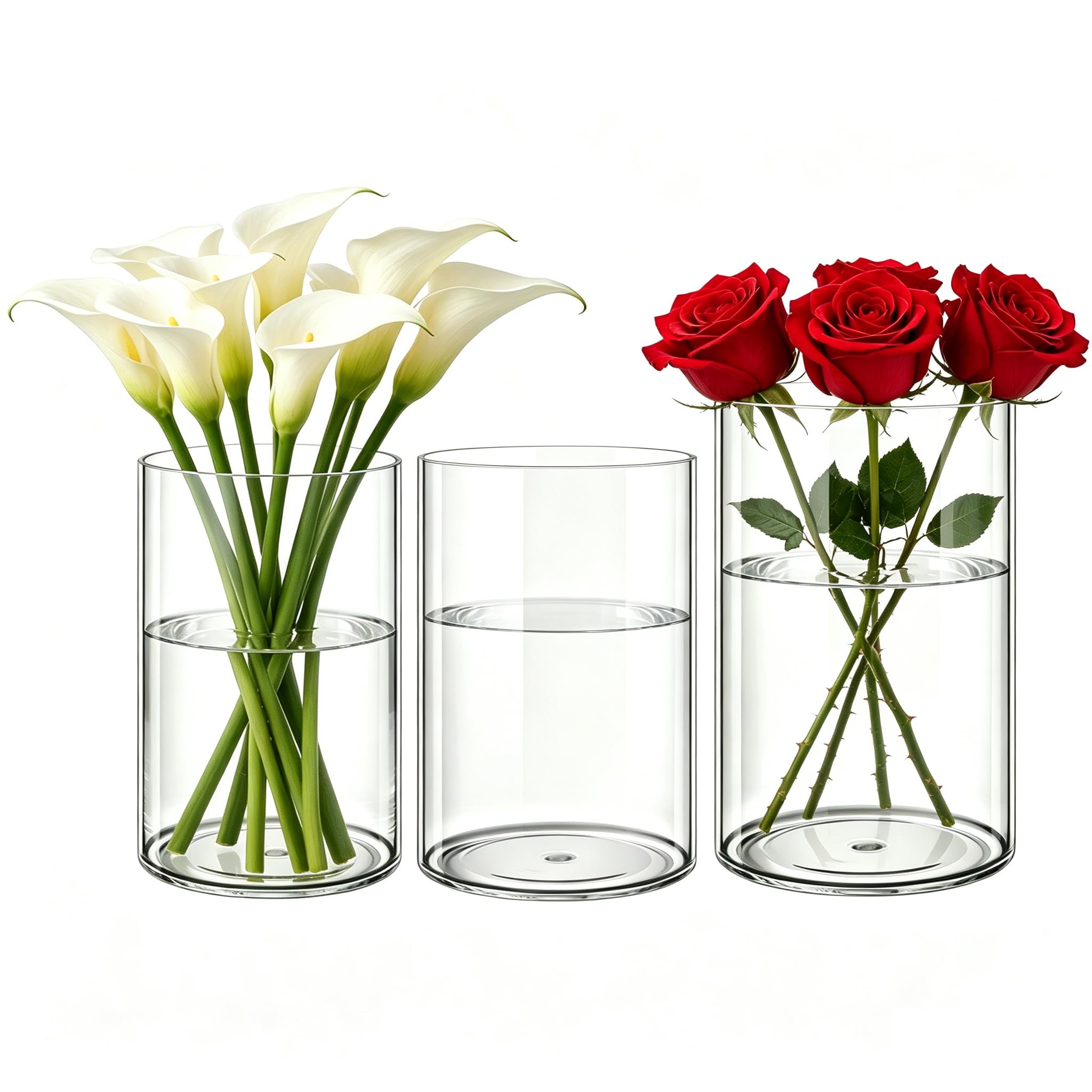 Koelaa 3 Piece Set Transparent Acrylic Flower Vases, Unbreakable Shatter-Proof Clear Plastic Cylinder Vases for Flower Arrangement, Wedding Centerpieces, Living Room Decor(10x20cm, 12x20cm, 15x25cm)