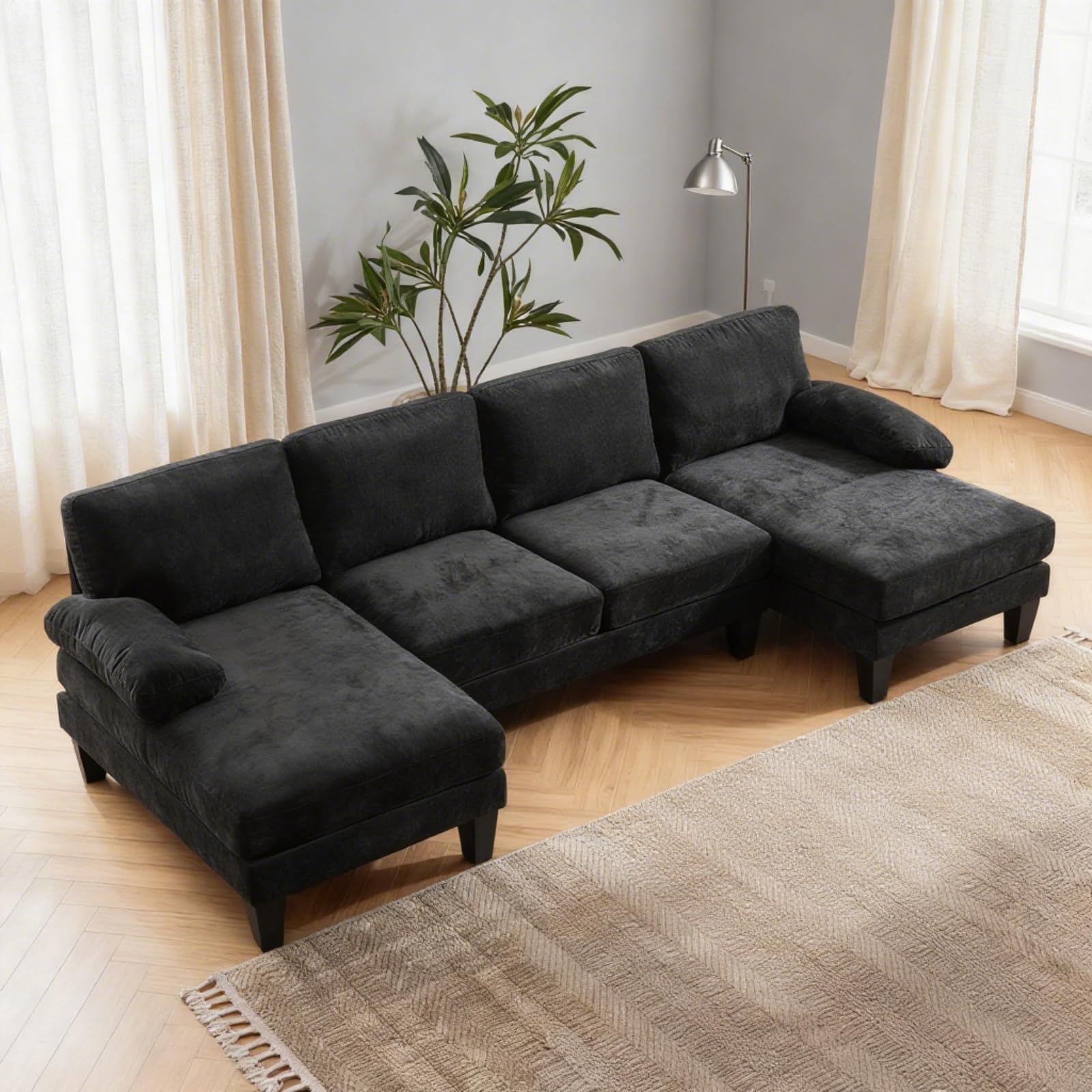 Karl home U-Shape Sectional Sofa Couch 111" Modern 4-Seat Sofa with Chaises Chenille Fabric Upholstered Covertible Couch with Wood Grain Legs for Living Room, Reception Room, Apartment, Black