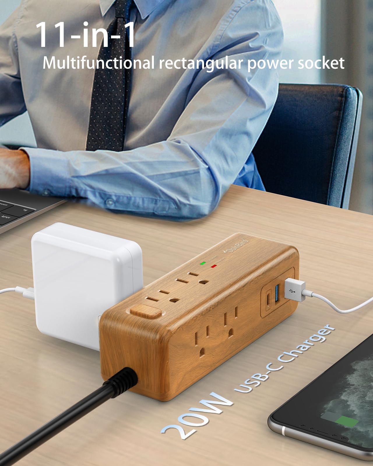 Power Strip Surge Protector 8 Outlet with 2 USB-A+1USB-C Ports Charging Station Long Extention Cord Right Angle Flat Plugs Circuit Breaker for Home Office Dorm Room (Light Wood USB-C)