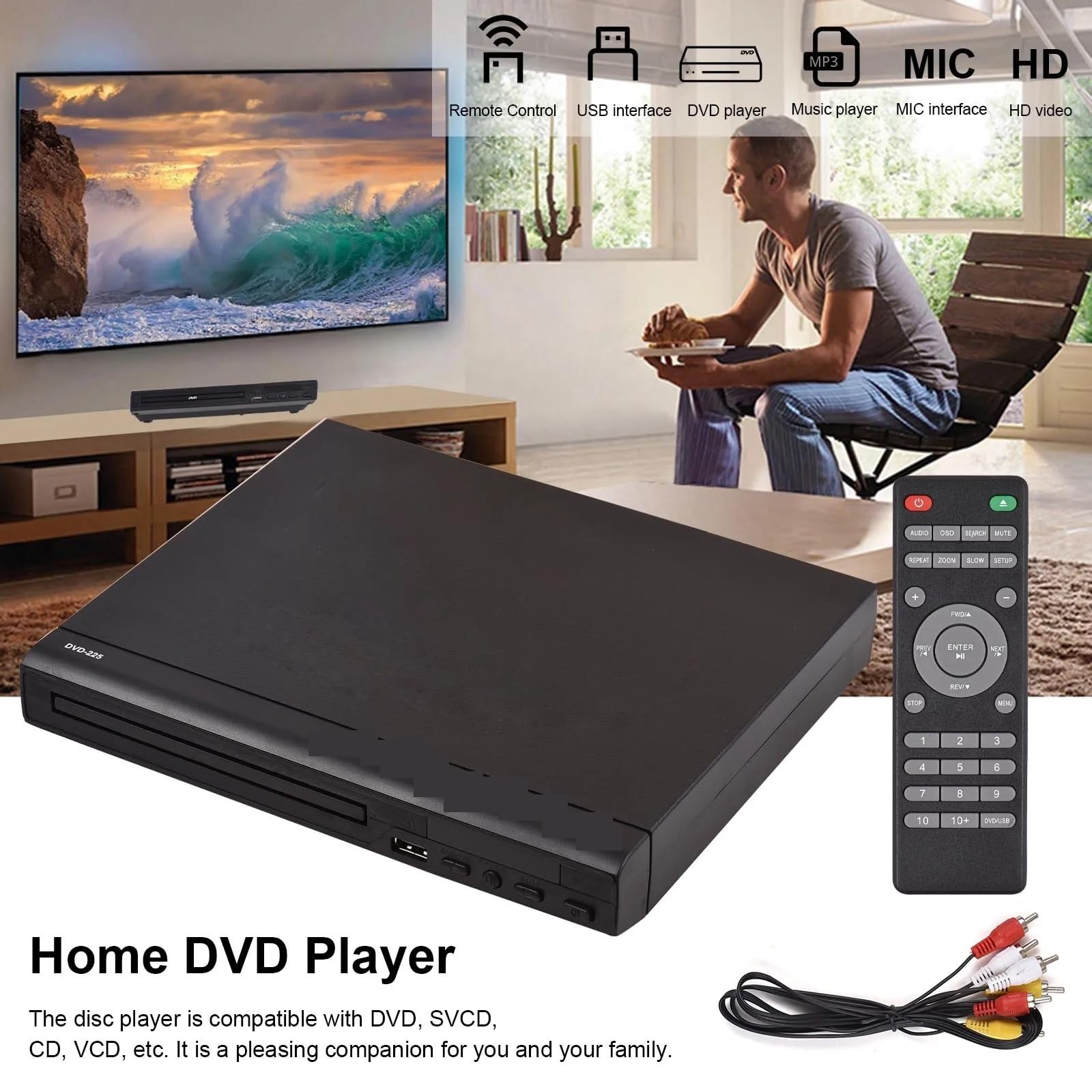 Lettore DVD Portatile, DVD-225 Lettore DVD domestico dischi VCD multimediale digitale Uscita AV con telecomando