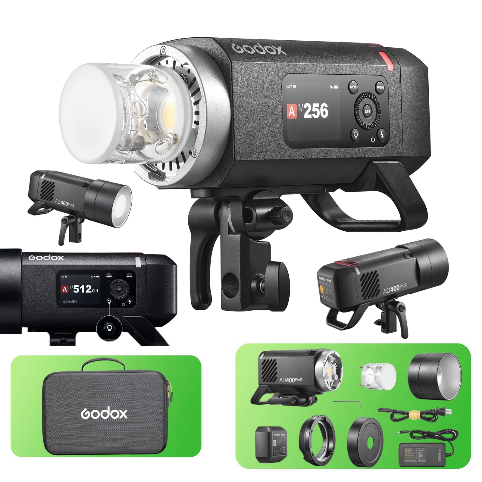 Godox AD400 Pro II AD400Pro II 400Ws Flash, GN72, 30W Bi-Color Modeling Lamp, 460 Full Power Flash, 0.01-1s Recycle Time, 1/8000 HSS, Freeze Mode, Strobe Light for Canon, Sony, Nikon, Fuji etc