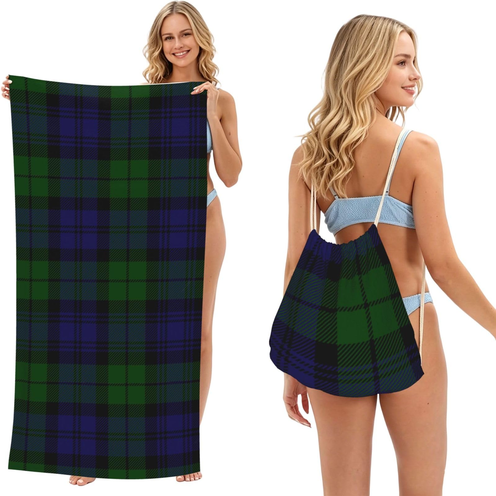 Poadnly Black Watch Tartan Plaid, 2 in 1 Packable Towel Bag, Beach Towels with Drawstring Backpack for Travel Holiday Camping