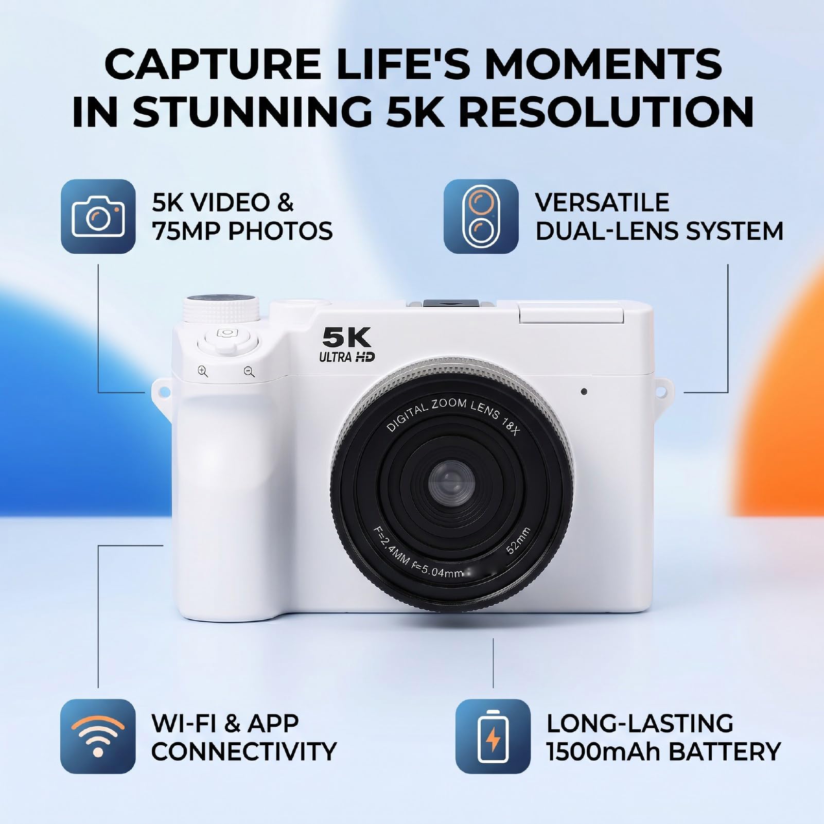 Annadue Fotocamera Digitale 5K per Fotografia, Fotocamera per Vlogging Selfie con Doppio Obiettivo Zoom Digitale 75MP 18x con Schermo da 3 Pollici per Adolescenti Adulti Principia (Black)