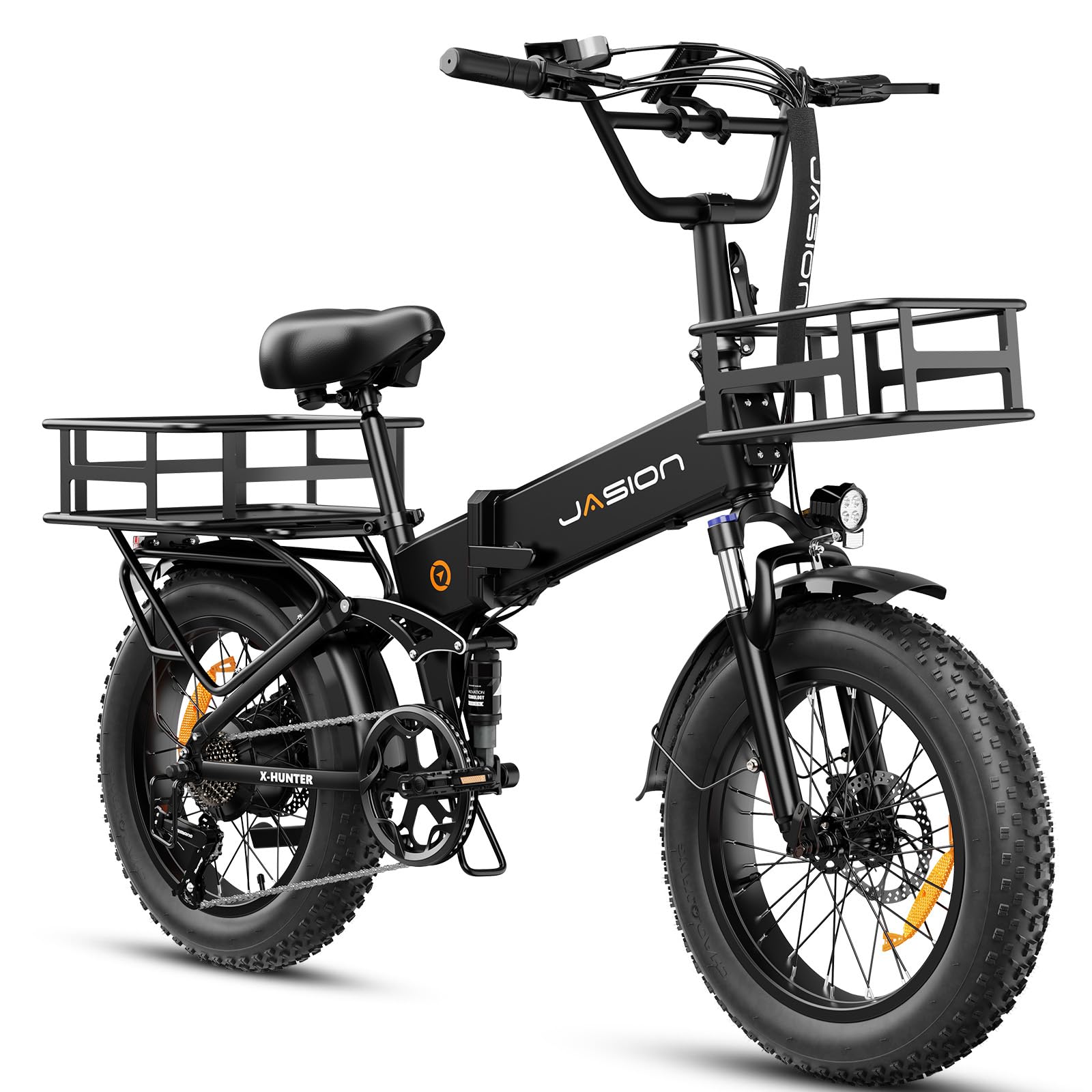 Jasion X-Hunter Foldable Electric Bike, 1400W Peak Motor, 70+ Miles 30MPH EBike, 624WH Removable Battery, 20''*4 Fat Tire, Full Suspension Bicycle for Commute,Snow, Mountain, 7-speed E-bike for Adults
