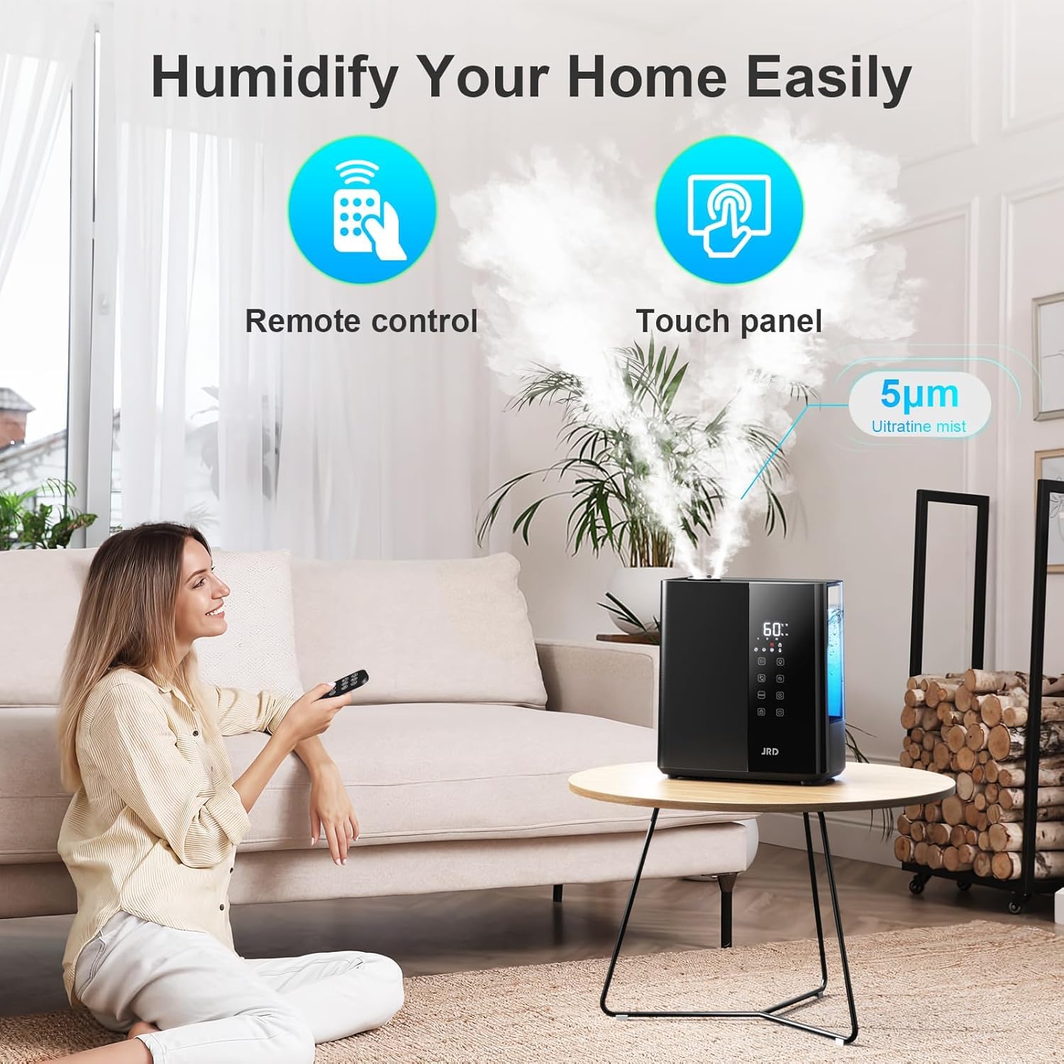 JRD Humidificadores inteligentes para recámara, humidificador de aire ultrasónico de niebla cálida y fría de 5 l para habitación grande, hogar interior, 50 horas de tiempo de funcionamiento silencioso