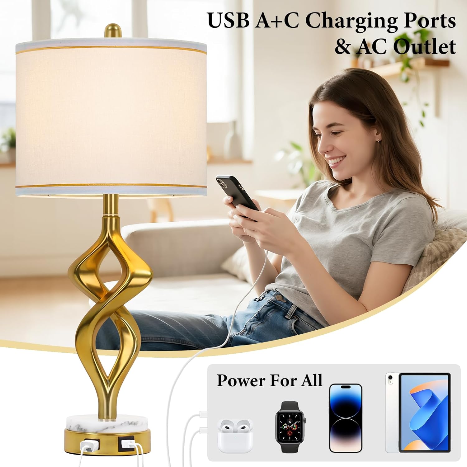 28.5" Modern Sculptural Living Room Table Lamps Set of 2 with USB A+C & AC Outlet, Gold Bedside Table Lamps with White Marble Base & Linen Shade, Nightstand Lamps for Bedroom Study Office Hotel Bar