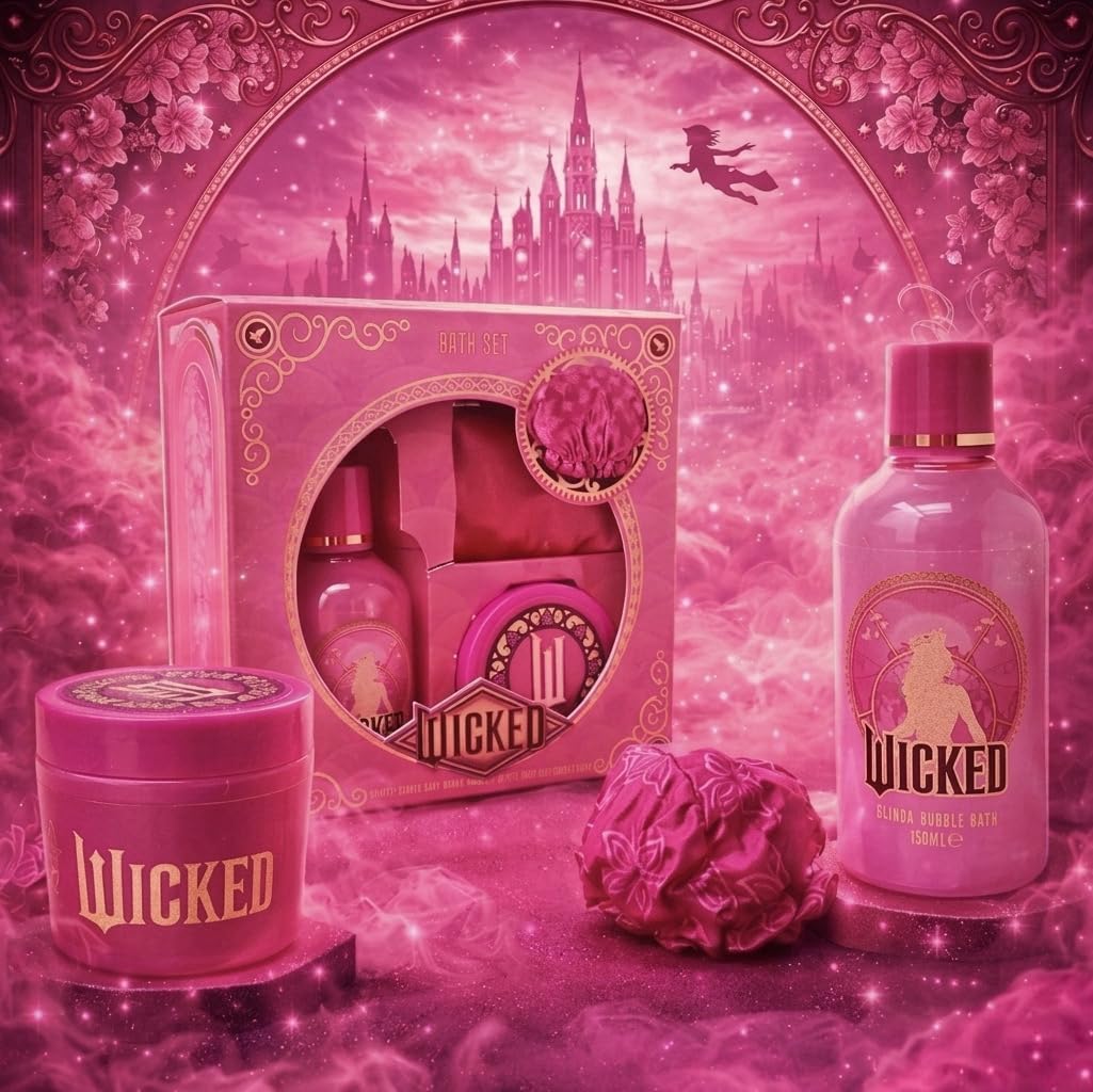 Wicked Glinda - Confezione regalo da bagno in schiuma rosa, burro per il corpo e cuffia da doccia, prodotto con licenza ufficiale Wicked