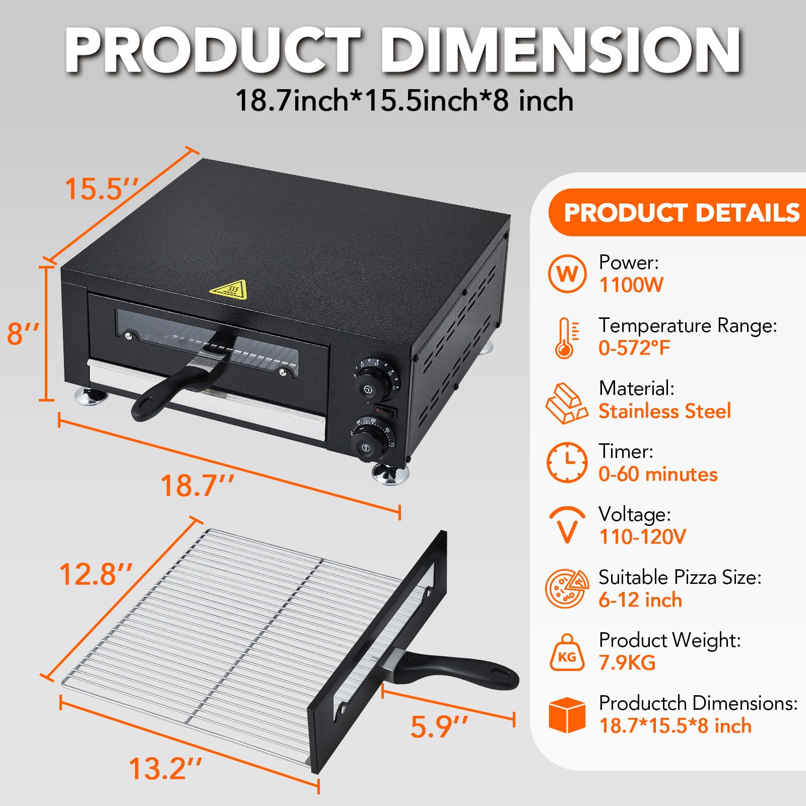 Electric Pizza Oven Indoor Countertop Pizza Oven with Viewing Window, 12 Inch Stainless Steel Electric Countertop Pizza Maker for Fast Baking, Kitchen, Restaurant, Home Use, 1100W, Black - Additional View